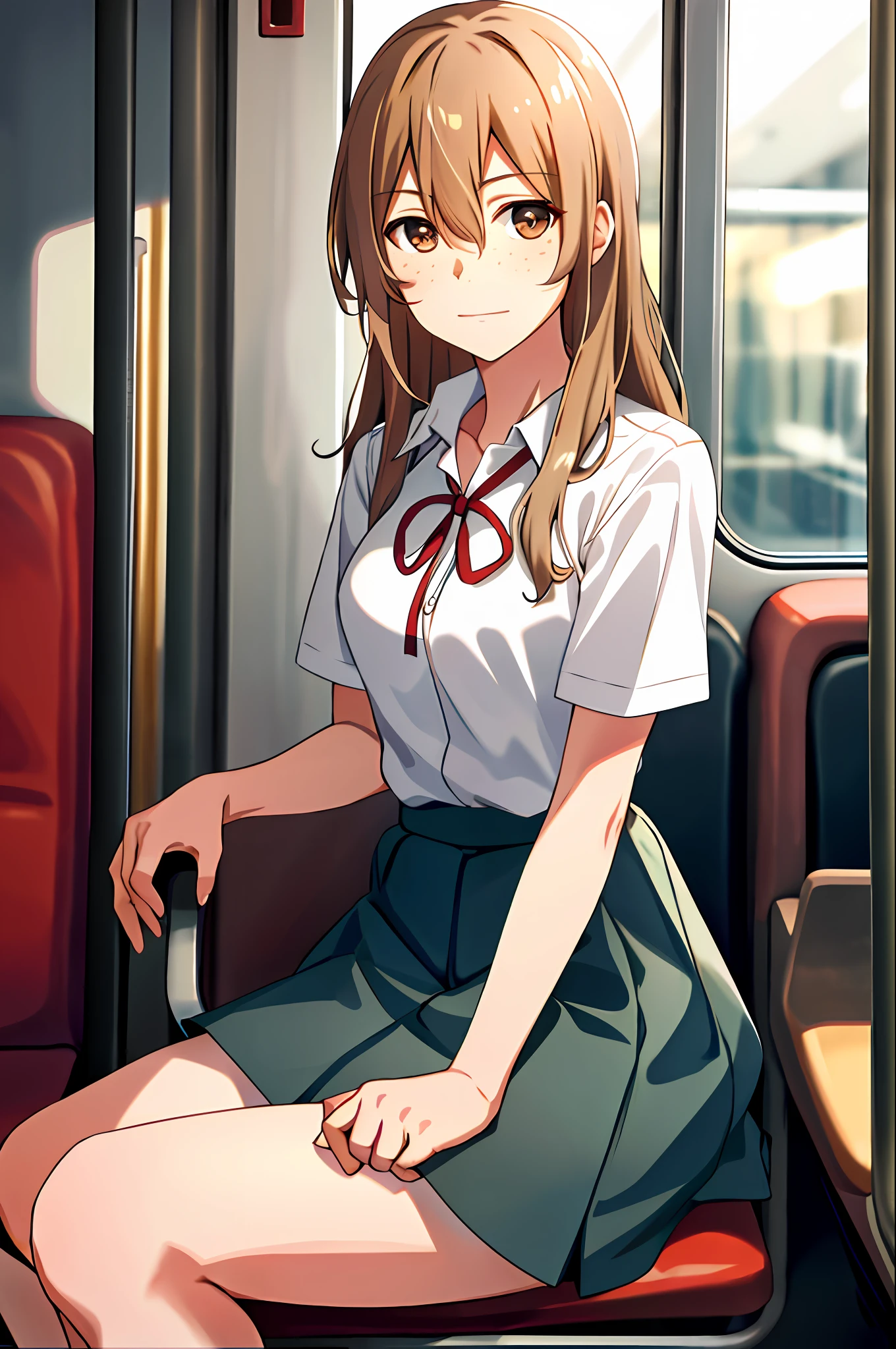 masterpiece, best quality, highres, aoki1, brown eyes, freckles, skirt, white shirt, ribbon, cowboy shot, sitting in the seat, inside a train