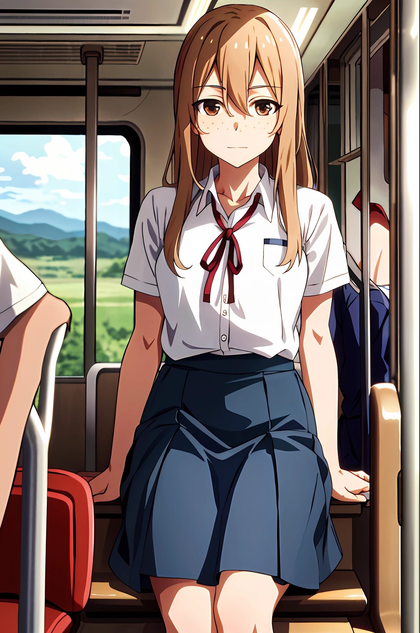 masterpiece, best quality, highres, aoki1, brown eyes, freckles, skirt, white shirt, ribbon, cowboy shot, sitting in the seat, inside a train