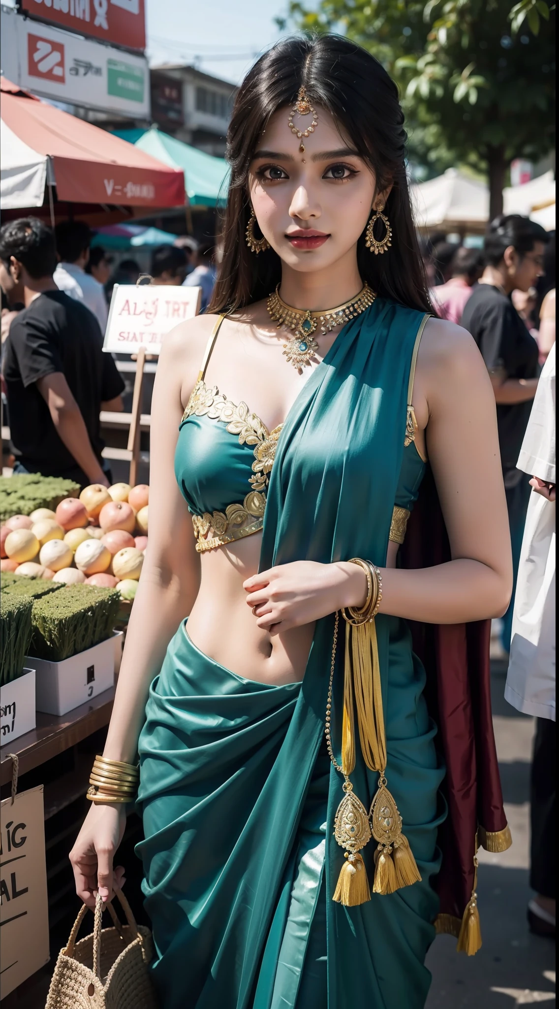 24-28 Years Old bollywood indian female fashion mode,dressed Sari,Happy expression,at the market,backlight, extremely realistic, 8k, insane details, intricate details, beautifully color graded,Color Grading, Editorial Photography, Photography,sharp focus, taken with a 60mm lens, ISO 300, f/4, 1/200th