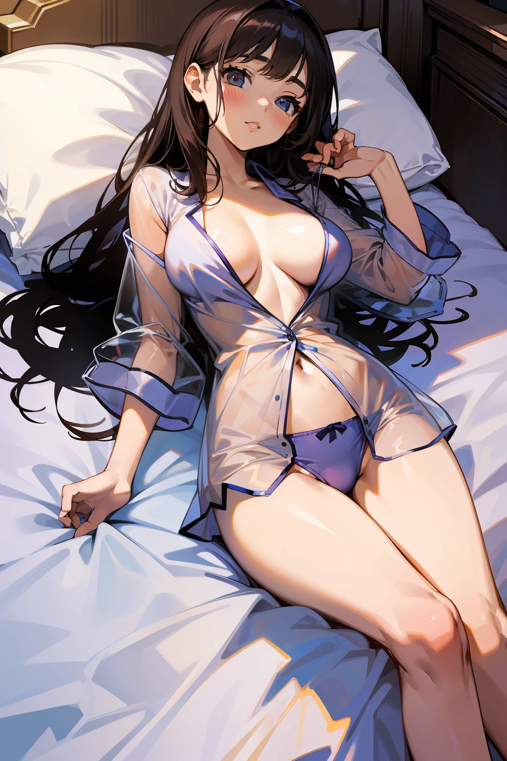 A 12-year-old white girl lying on the bed, transparent short pajamas, lying on the bed, (legs open), full body, large breasts.