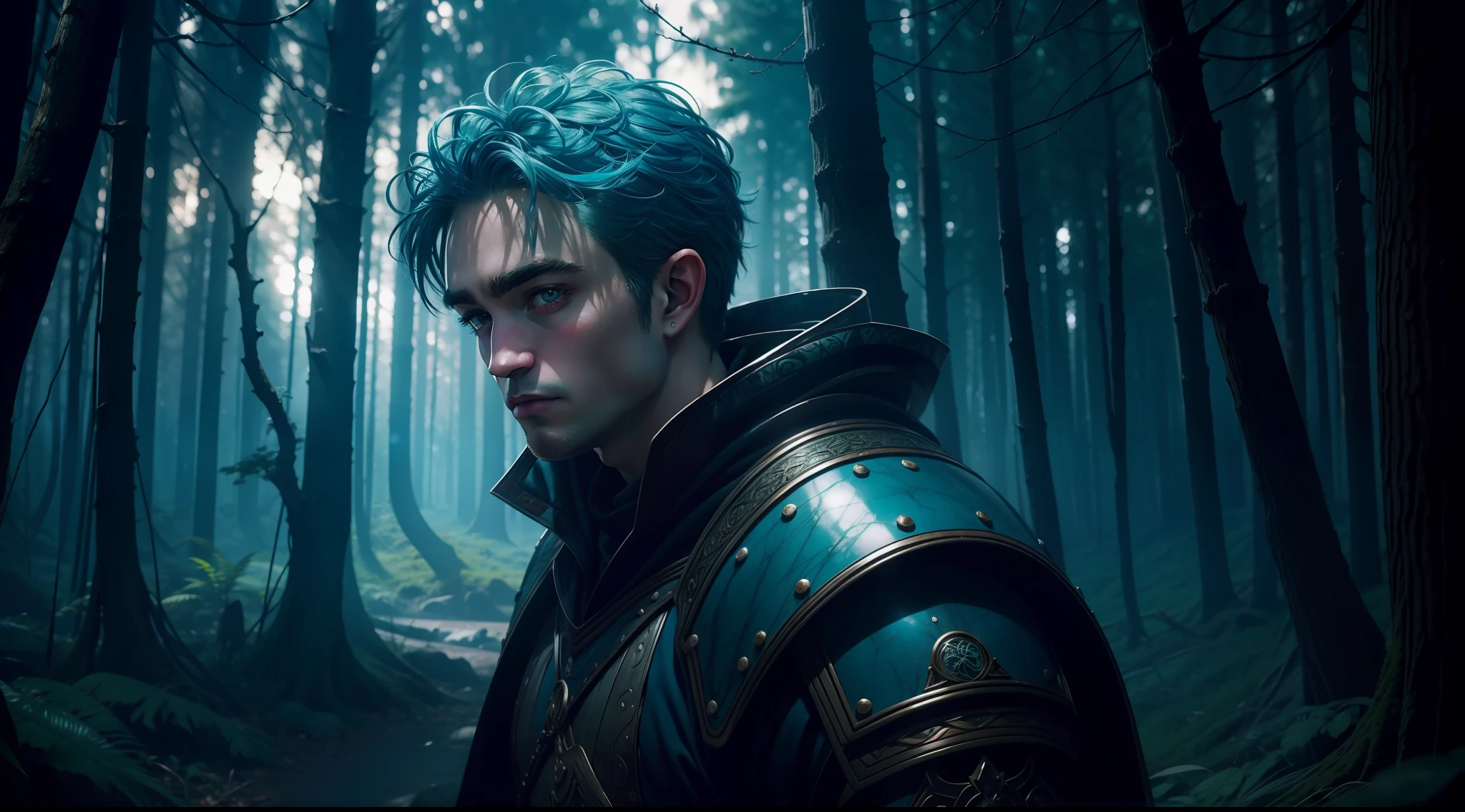 Robert Pattinson magical warrior. Blooming forest style wonderland, blue hair Turquoise neon with floating tips. Bright eyes. Flourishing. (backlighting: 1.2), (flowering: 1.2), (bright light: 1.1), (chromatic aberration: 1.2), sharp focus, high contrast, (cinematic lighting: 1.2), movie trailer image, fantasy movie, (screen lighting: 1.1) Surrealism, Ultra-Wide Angle, 135mm, atmospheric perspective, 8k, super detail, award winning, textured skin, super detail, 16k, anatomically correct