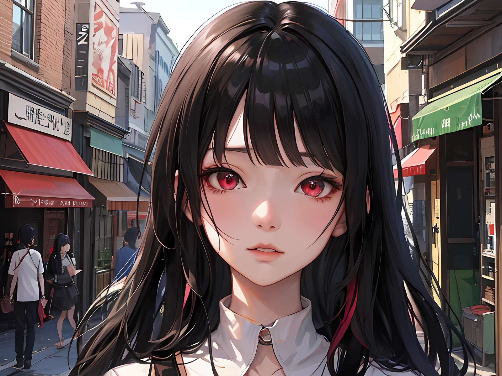 anime girl with long black hair and red eyes walking down a street, anime moe artstyle, anime visual of a cute girl, anime style. 8k, realistic anime artstyle, anime style 4 k, extremely cute anime girl face, close up of a young anime girl, stunning anime face portrait, beautiful anime face, smooth anime cg art, realistic anime art style