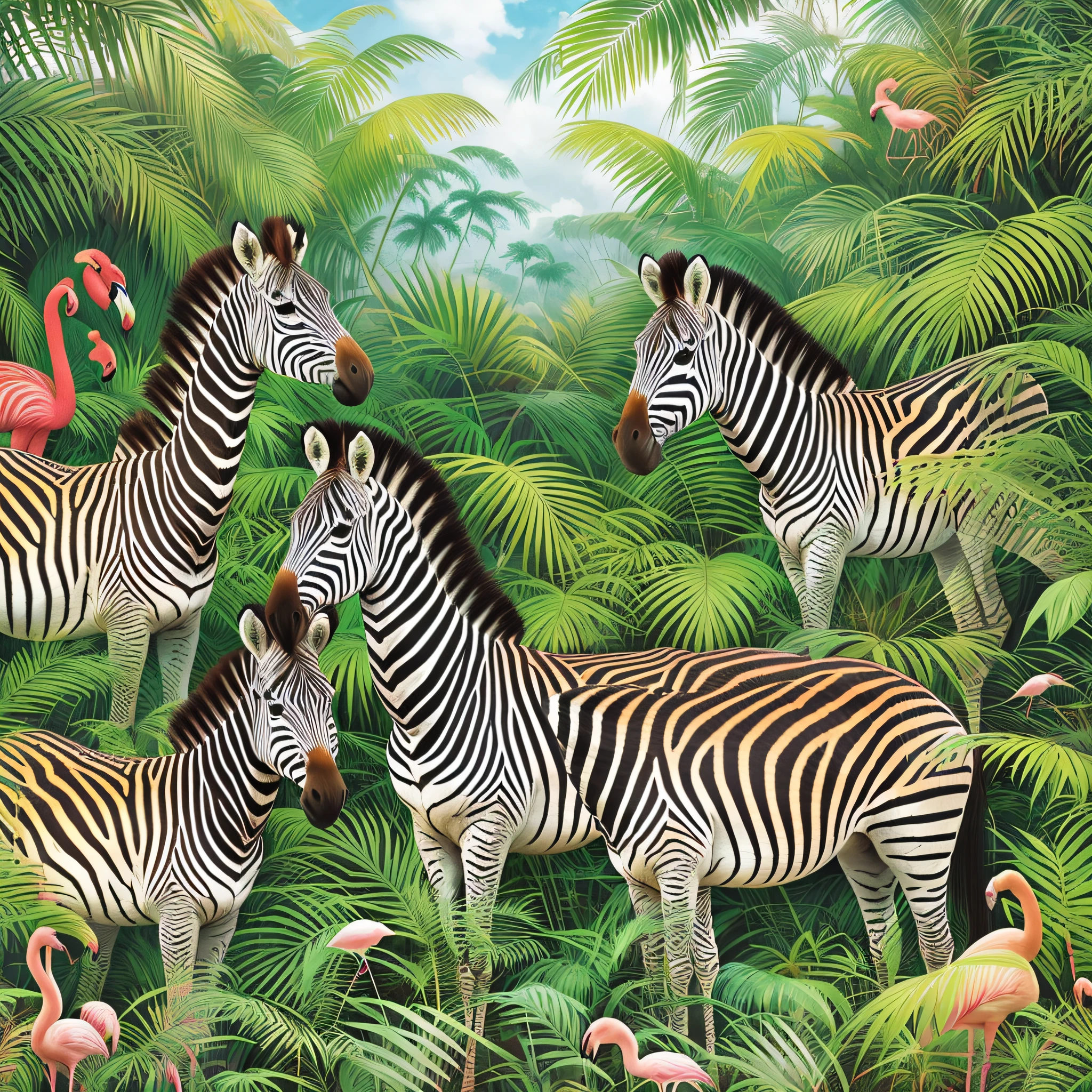 zebras and flamingos in a tropical jungle with palm trees, detailed beautiful animals, wildlife illustration, beautiful detailed illustration, in a tropical forest, zebra, by Susan Heidi, in a highly detailed jungle, amazing background, hd illustration, photorealistic print of exotic, by Lisa Milroy, zebra op art, animals wildlife, highly detailed illustration.”, high quality illustration