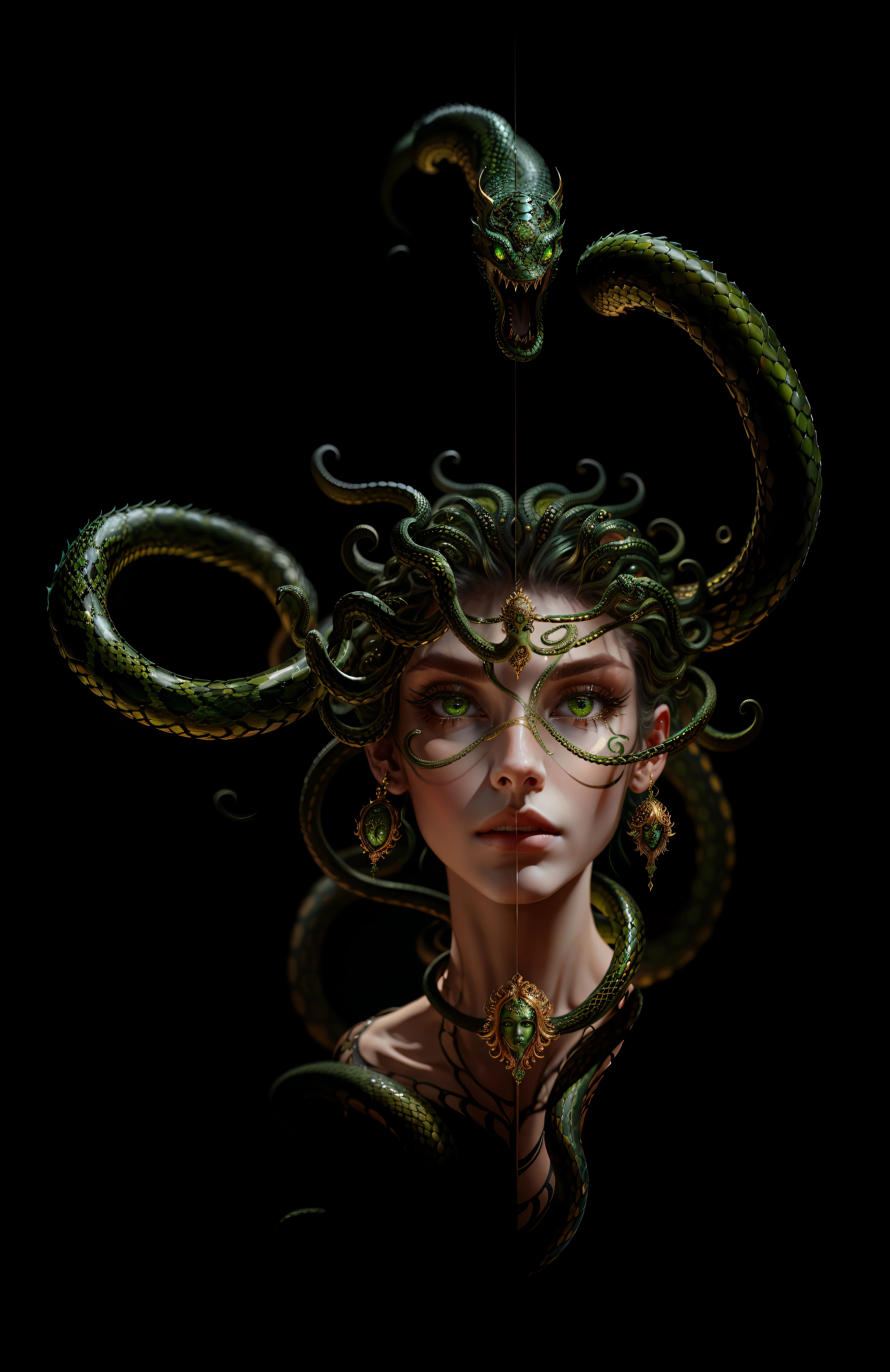 ((best quality)), ((masterpiece)), ((realistic)), Medusa, full body, the hair is composed of countless small snakes, green eyes, female face, metal carved top, royal aura, trend on artstation , sharp focus, studio photo, intricate detail, very detailed, detailed eye, illustration, very detailed, sharp focus, digital render, professional, 4k