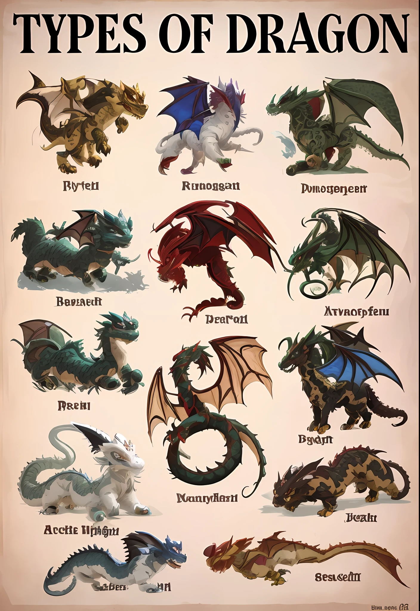 there are many different types of dragons that are on this poster, fantasy creatures, mythical creatures, ultraterrestrial dragons, dragons, flying mythical beasts, anthro dragon art, soft delicate draconic features, british dragons, dragon art, vyverns, mythical whimsical creatures, magical creatures, cryptids, european four-legged dragon, draconians