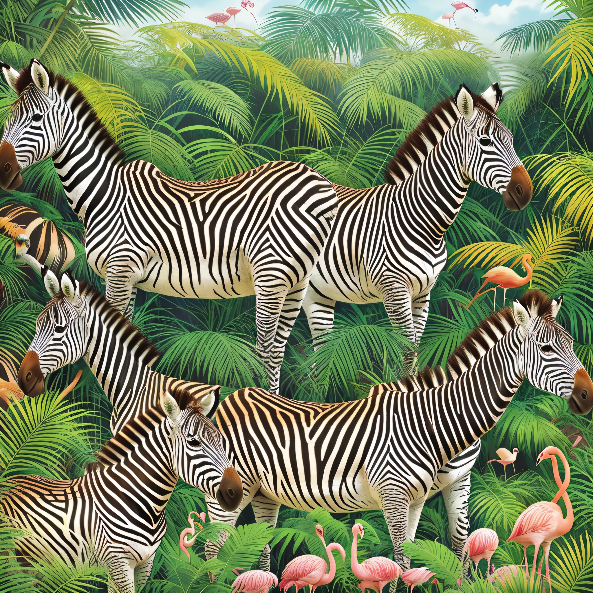 zebras and flamingos in a tropical jungle with palm trees, detailed beautiful animals, wildlife illustration, beautiful detailed illustration, in a tropical forest, zebra, by Susan Heidi, in a highly detailed jungle, amazing background, hd illustration, photorealistic print of exotic, by Lisa Milroy, zebra op art, animals wildlife, highly detailed illustration.”, high quality illustration