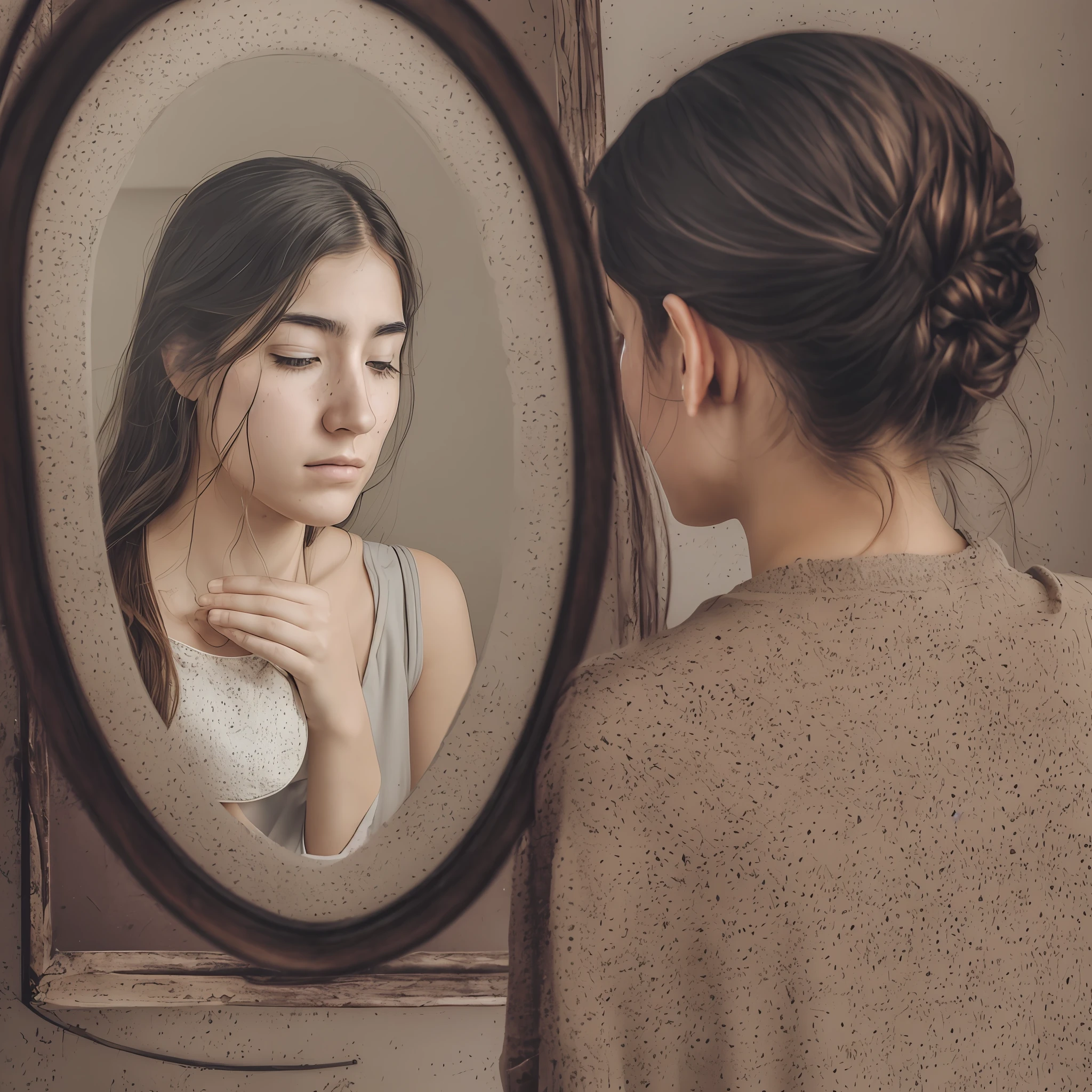 Create an emotionally poignant image of a woman gazing sadly into a mirror, with acne visibly present along her jawline. The woman should appear vulnerable and disheartened, with a subtle expression of sadness and self-consciousness. The lighting should be soft and muted, casting gentle shadows on her face to emphasize the texture and visibility of the acne. The focus should be on her reflection in the mirror, highlighting her introspection and inner struggle. It is important to approach this image with sensitivity and empathy, capturing the emotional weight of her experience while avoiding any negative or judgmental connotations. The final image should evoke compassion and understanding for those who struggle with acne, promoting self-acceptance and empathy --auto --s2