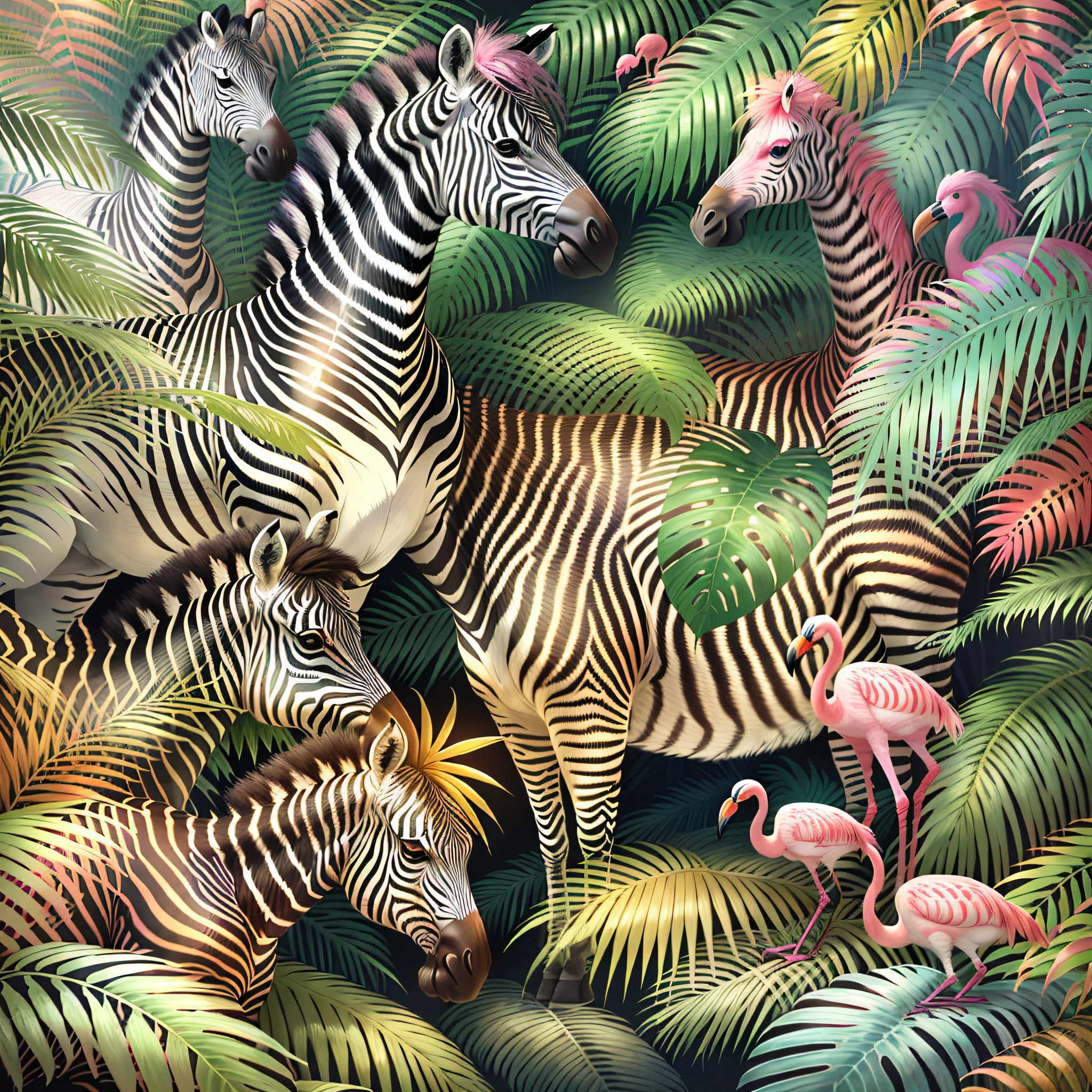 zebras and flamingos in a tropical jungle with palm trees, detailed beautiful animals, wildlife illustration, beautiful detailed illustration, in a tropical forest, zebra, by Susan Heidi, in a highly detailed jungle, amazing background, hd illustration, photorealistic print of exotic, by Lisa Milroy, zebra op art, animals wildlife, highly detailed illustration.”, high quality illustration