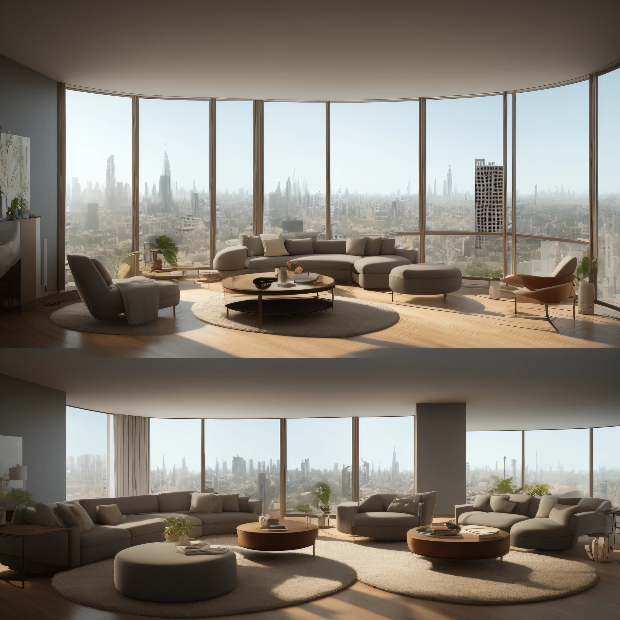High-resolution concept art of a living room with a focus on a round coffee table Apartment overlooking a large city with floor-to-ceiling windows and modern mid-century furniture CGSOCIETY cinematic lighting