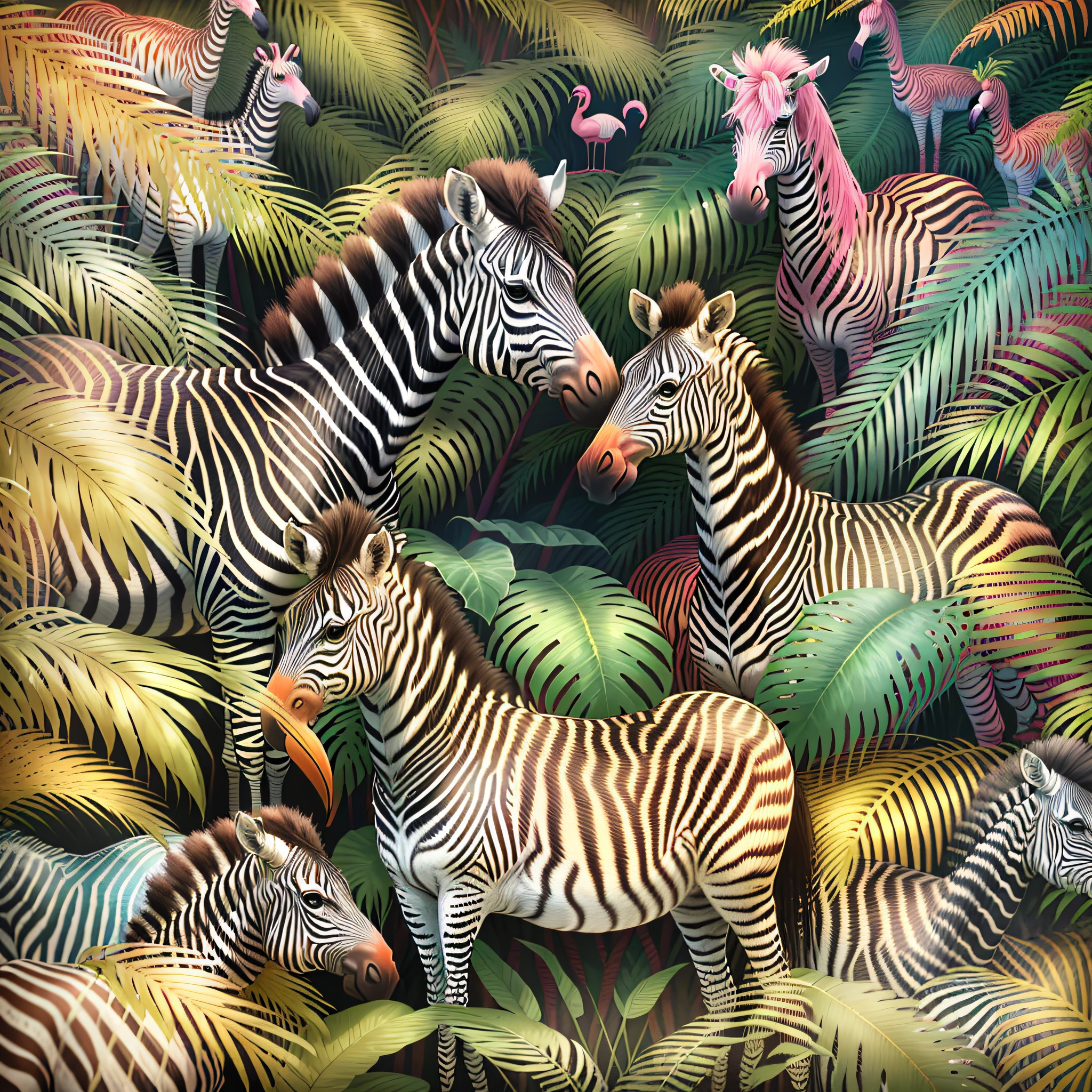 zebras and flamingos in a tropical jungle with palm trees, detailed beautiful animals, wildlife illustration, beautiful detailed illustration, in a tropical forest, zebra, by Susan Heidi, in a highly detailed jungle, amazing background, hd illustration, photorealistic print of exotic, by Lisa Milroy, zebra op art, animals wildlife, highly detailed illustration.”, high quality illustration