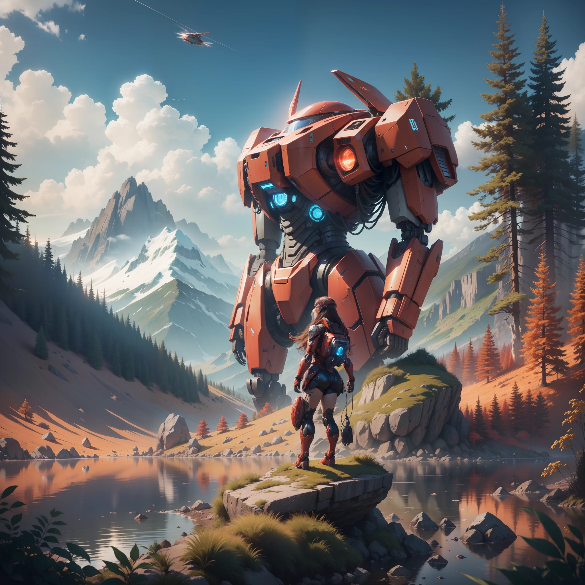 High quality, 8k, summer, mountains, rocks, woods, clear lakes, (maiden sitting in front of a huge red humanoid mech), there is a huge spaceship glowing in the sky
