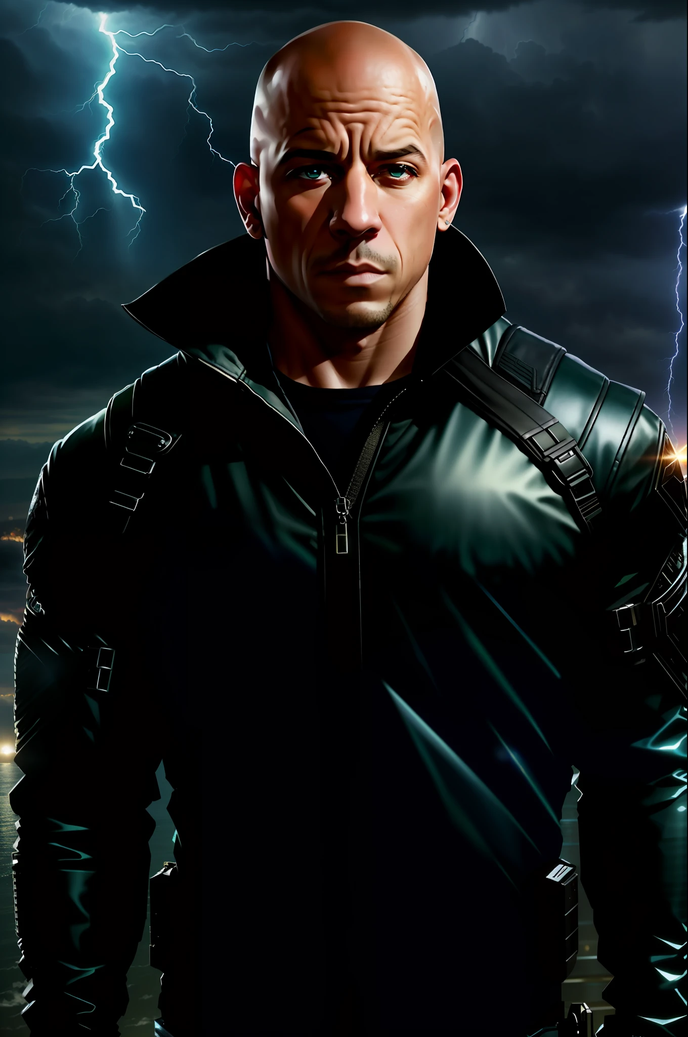 (sharp focus:1.2), an award-winning photo of Vin Diesel, water drops, storm outside, lightning backlighting,, bleary eyes, (deep shadows:1.1), high contrast, beautiful eyes, absurd, 8k, (high quality: 1.3), , artstation hd, concept art, detailed face and body, award-winning photography, (grumpy lighting:1.2), depth of field, bokeh, 4K, HDR