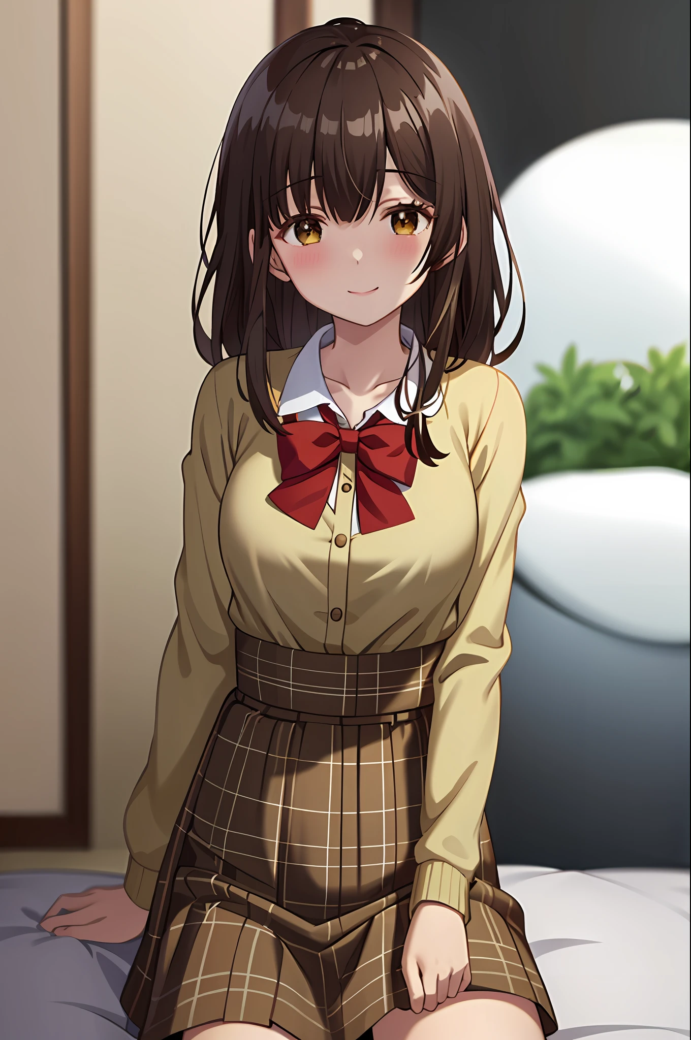 best quality, (masterpiece: 1.2), highly detailed, indoors, 
1girl, solo, ogiwara sayu,
looking at the viewer, medium breasts, smile, mouth closed, hand on his own chest, blush, sitting on his knees on the bed,
brown eyes, brown hair, long hair, white shirt, plaid skirt, collarbone, neckline, bow tie