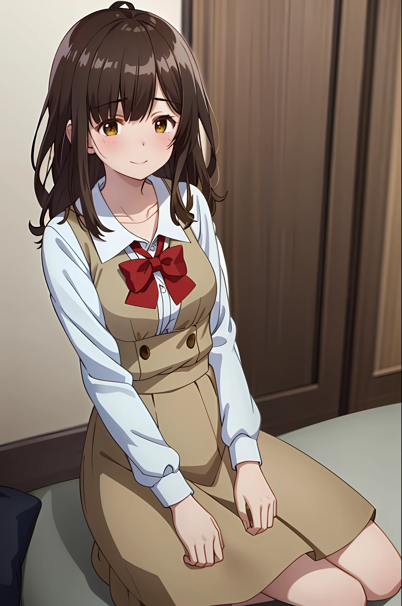 best quality, (masterpiece: 1.2), highly detailed, indoors, 
1girl, solo, ogiwara sayu,
looking at the viewer, medium breasts, smile, mouth closed, hand on his own chest, blush, sitting on his knees on the bed,
brown eyes, brown hair, long hair, white shirt, plaid skirt, collarbone, neckline, bow tie