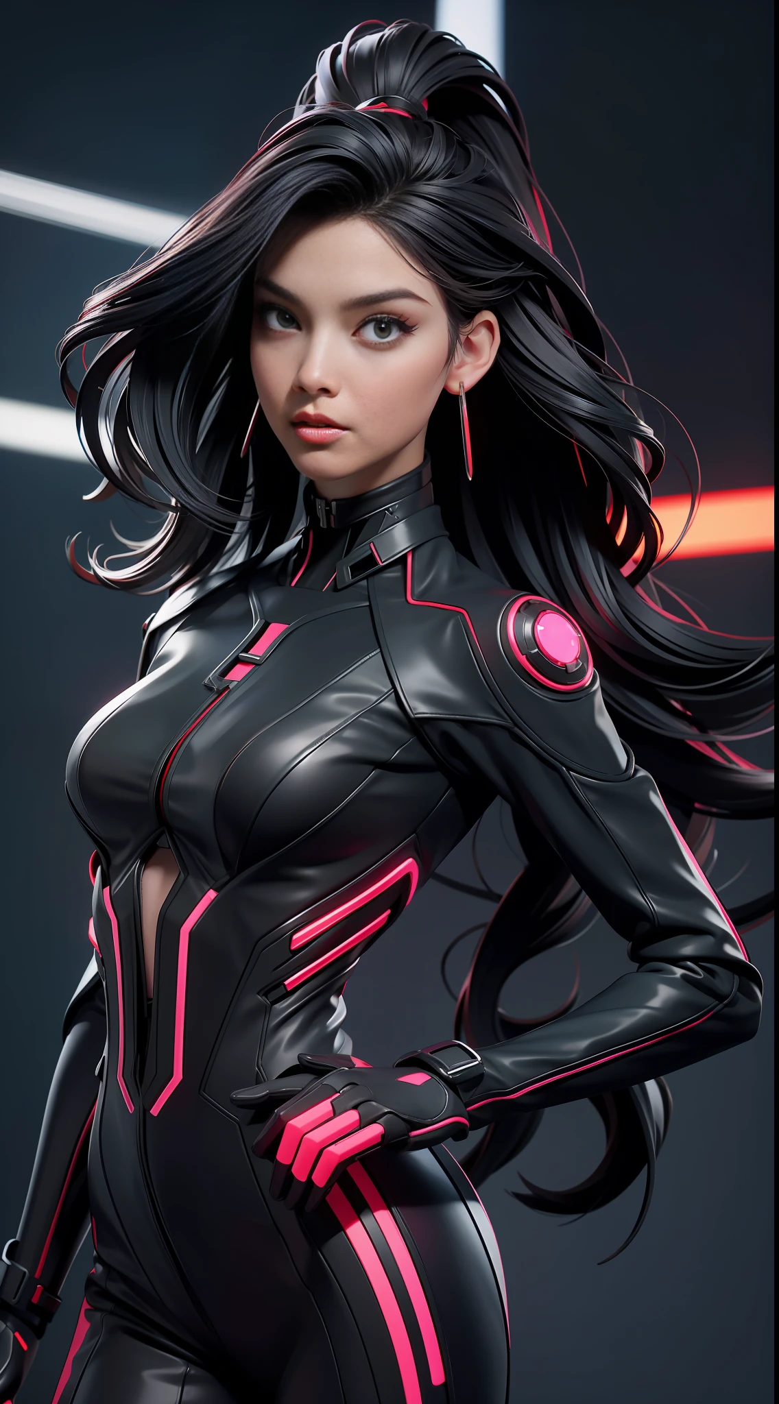 solo, super fine photo, portrait Unreal Engine 5 8K UHD of beautiful couple, gorgeous, black short wavy hair, red and black color scheme tight cybernetic latex catsuit, cyberpunk rich girl, cyberpunk full face helmet, earrings, cybernetic long heel, cybernetic long glove, futuristic design, magenta neon lights details, beautiful make up, luxurious, best quality, masterpiece, official art, unified 8k wallpaper, super detailed, sharp focus, dynamic pose, body parts
