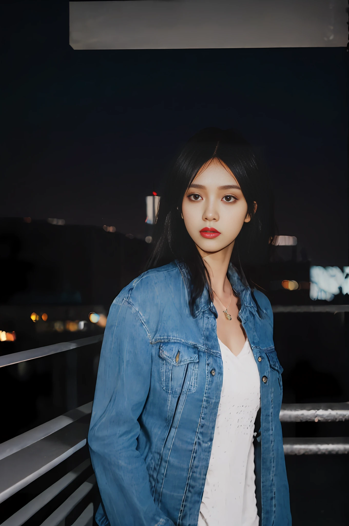 (1girl), Fashion Clothing, Fitted Jeans, Oversized Jacket, Fashion Accessories, Natural Skin, Confident Expression, City View Background, High Terrace Terrace, Dynamic Composition, Engaging Pose, Soft Lighting, Shallow Depth of Field, City Light Bokeh, Clear Detail, Ultra Realism, 50mm Lens, Cool Light, Natural Blur Background. (Details eyes strengthen too blurry)