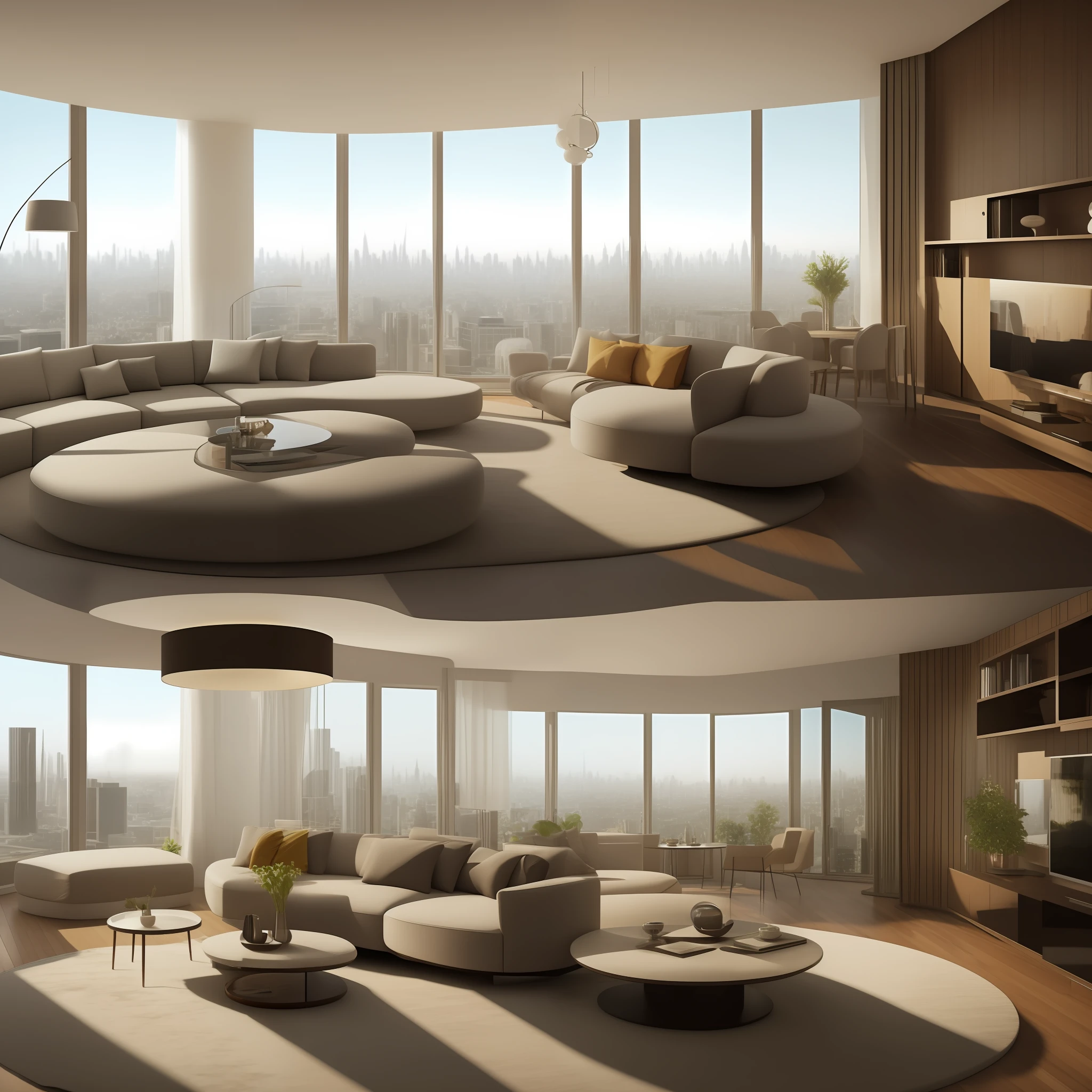 High-resolution concept art of a living room with a focus on a round coffee table Apartment overlooking a large city with floor-to-ceiling windows and modern mid-century furniture CGSOCIETY cinematic lighting