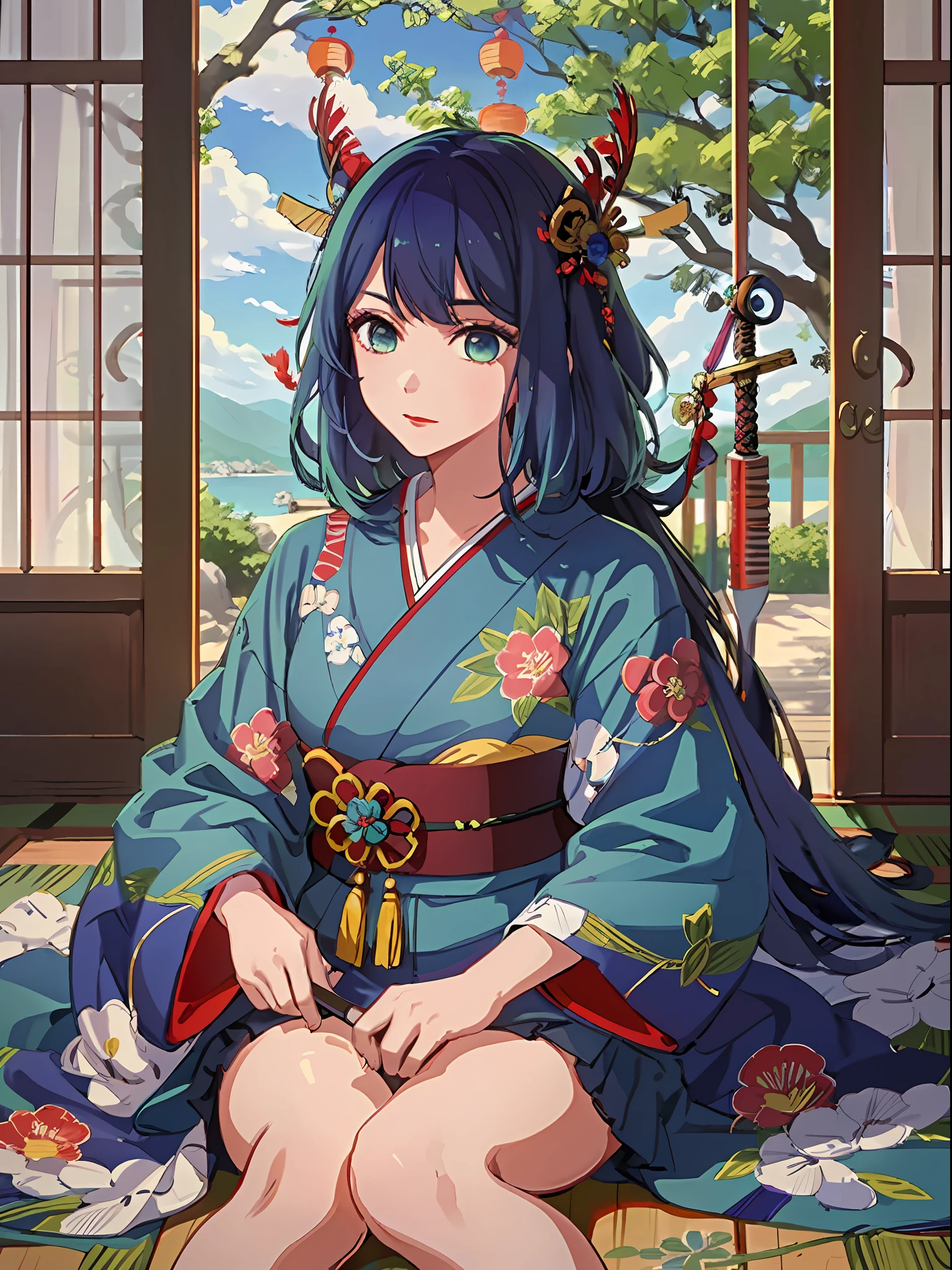 (RAW Photos, Best Quality, Masterpiece), (Real, Photoreal), (Masterpiece), (Best Quality), 1 Girl, Solo, Akane, Blue Hair, Japan Kimono, Long Hair, Bangs, Hair Ornaments, Oiran , Red Kimono, Floral Kimono, (Red Lips, With a Sword: 1.2), Woman in Red Feathers, Blunt Bangs, hime_cut, Bold Brows
