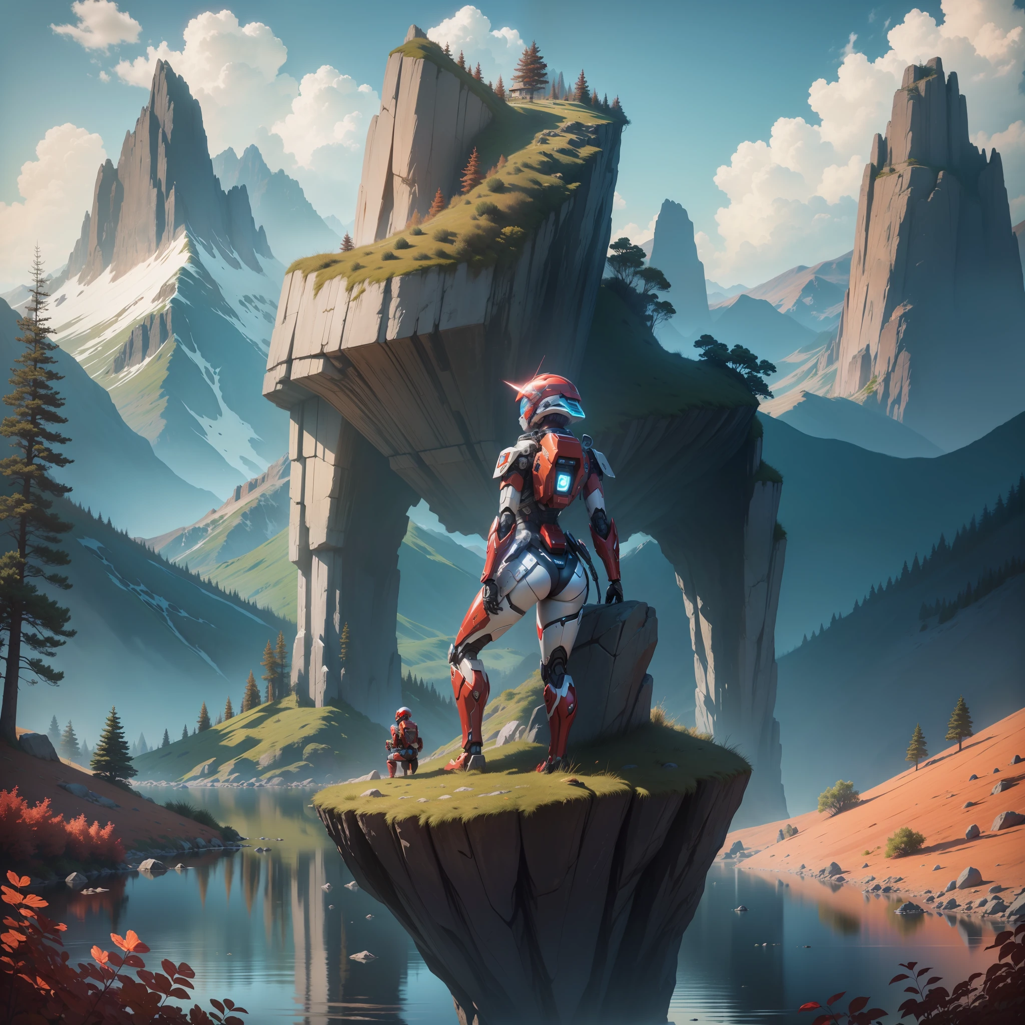 High quality, 8k, summer, mountains, rocks, woods, clear lakes, (maiden sitting in front of a huge red humanoid mech), there is a huge spaceship glowing in the sky