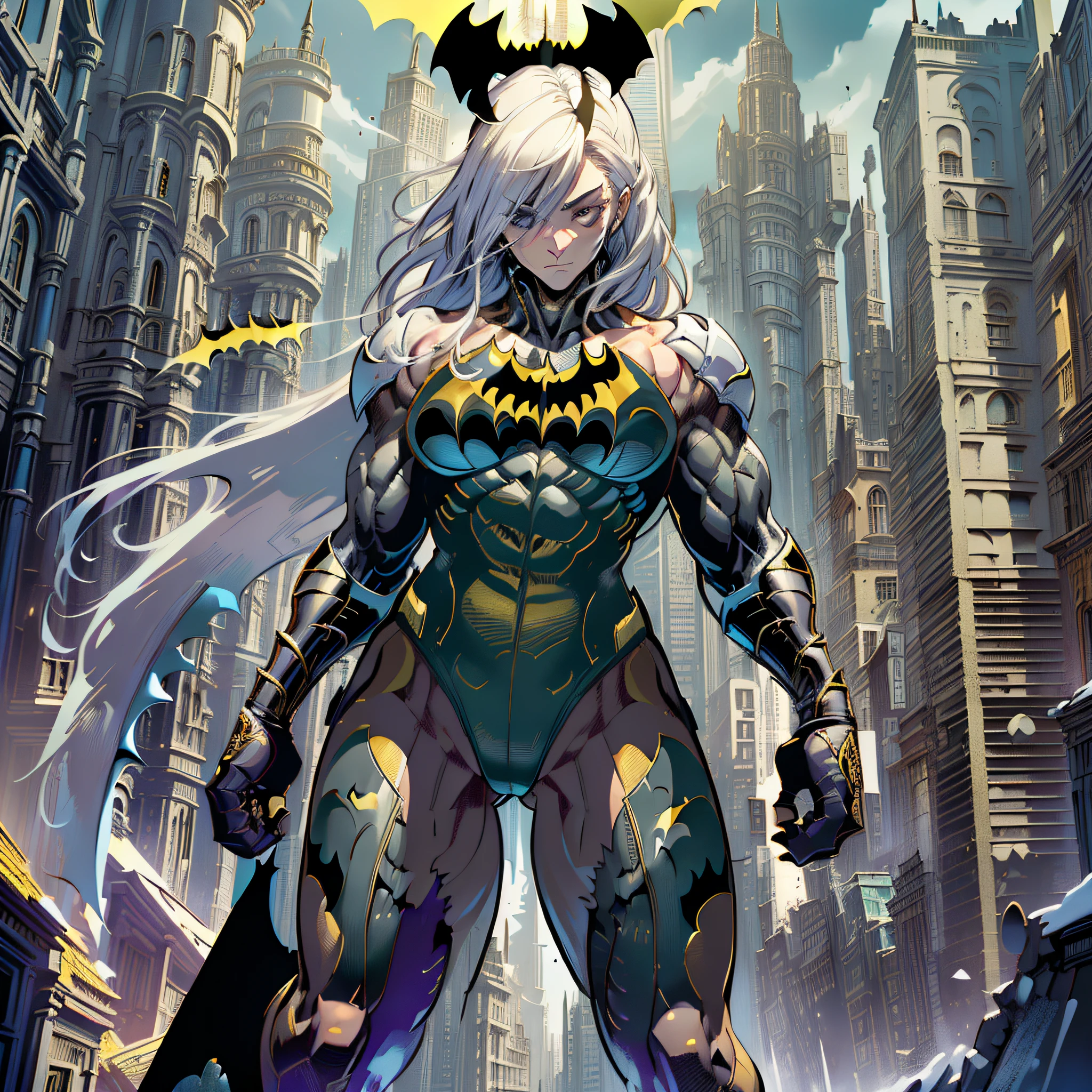 (Masterpiece, Superb Quality, Super Detailed, High Resolution), Male Focus, (((Female Batman)))), (Muscle))), ((Muscle Detail))), (((Batman Armor))), (((Fist with both hands))), (((Long white hair)))) pose for photos, Dark night, city ruins, background details, (((Full body))), (((Batman Huge Sense))