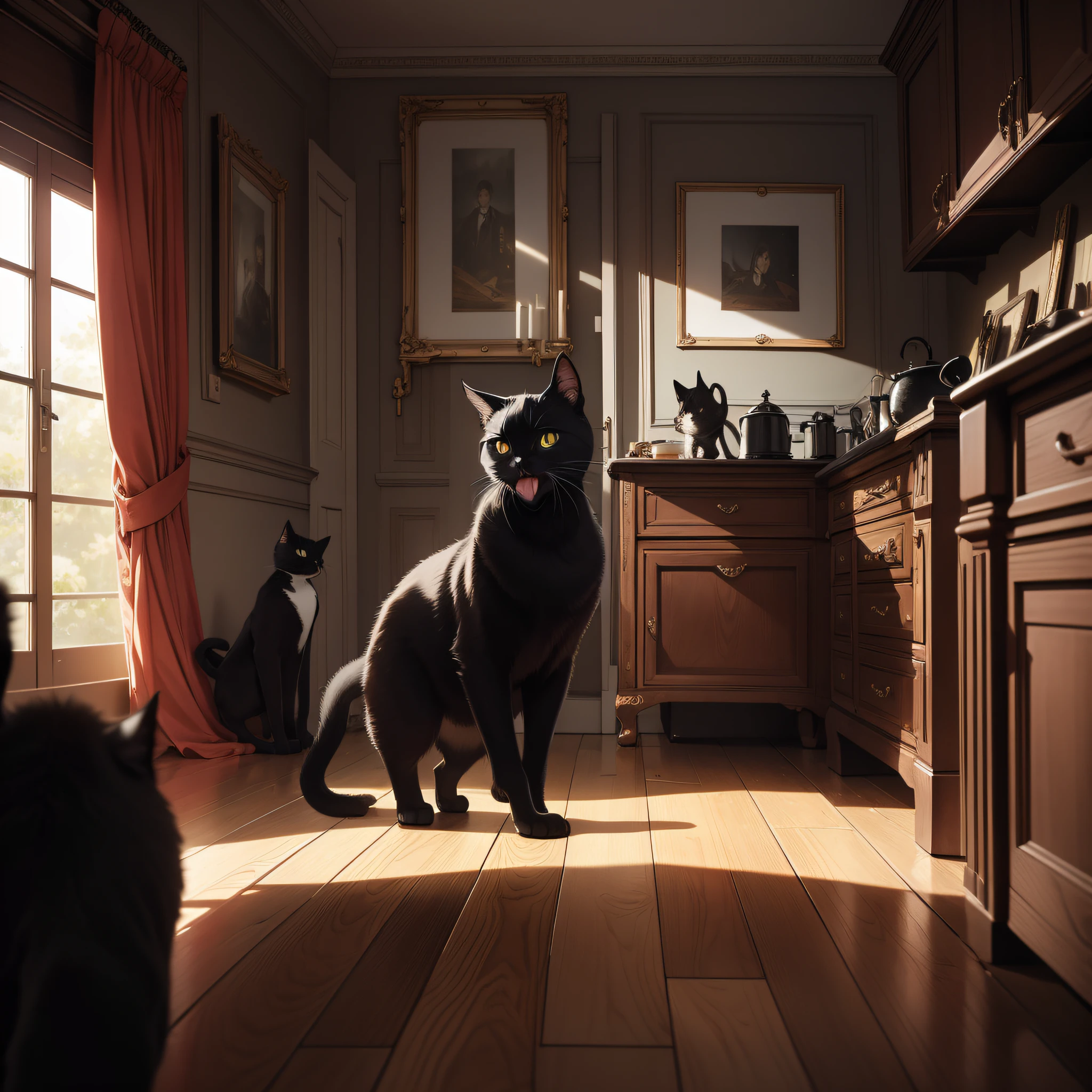 Absurd resolution, high resolution, (masterpiece: 1.4), hyper-detailed, spooky room, a black cat in the kitchen, very angry look