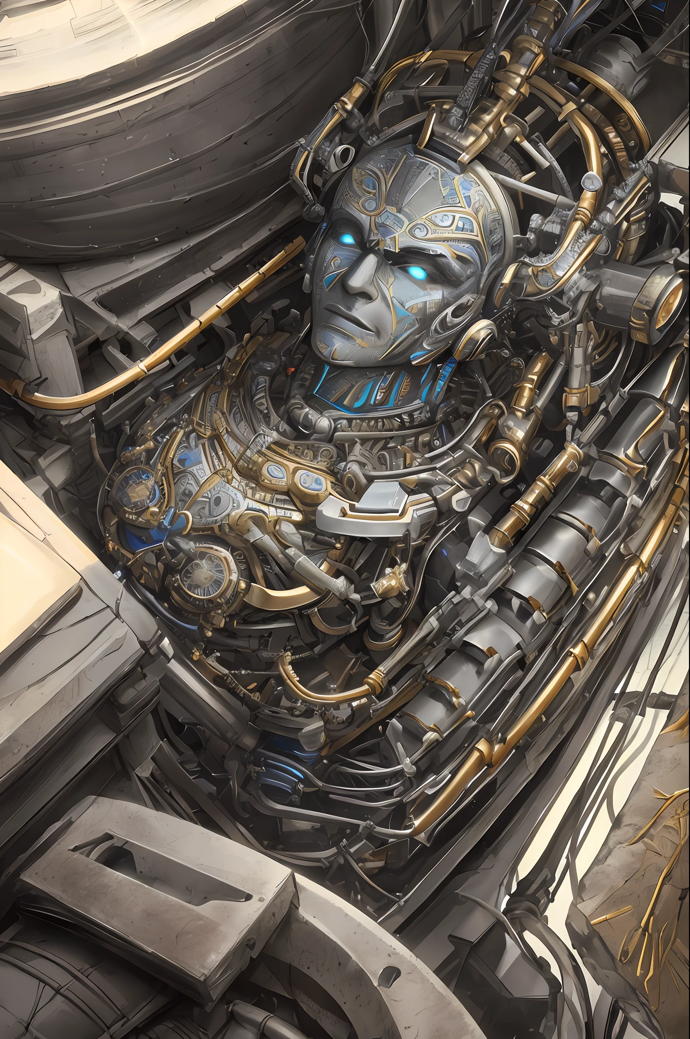 Mechanical man, (((ultra realistic details)), portrait, global lighting, shadows, octane render, 8k, ultra sharp, metal, intricate, detailed ornaments, cool colors, Egyptian detail, highly intricate details, realistic light, trend in cgsociety, bright eyes, front camera, neon details, mechanical limbs, blood vessels connected to tubes, mechanical vertebra attaching to the back, mechanical cervial attaching to the neck, sitting, wires and cables connecting to the head