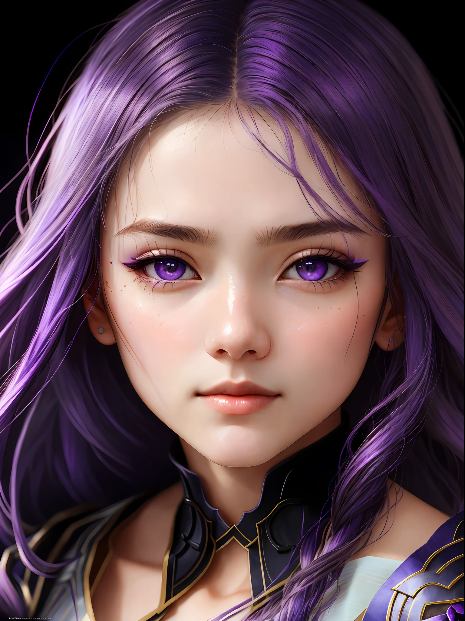 Raiden Shougn, oil painting by Leonardo da Vinci, realistic photography, closeup face with purple hair, her eyes are sweet and vibrant, her face is symmetrical, silky peach skin, soft torch luminosity on the face by REMBRADT, Adobe Illustration, Trending on Artstation, 8K, hd, cinematic, masterpiece, magnificent art, best quality, purple eyes