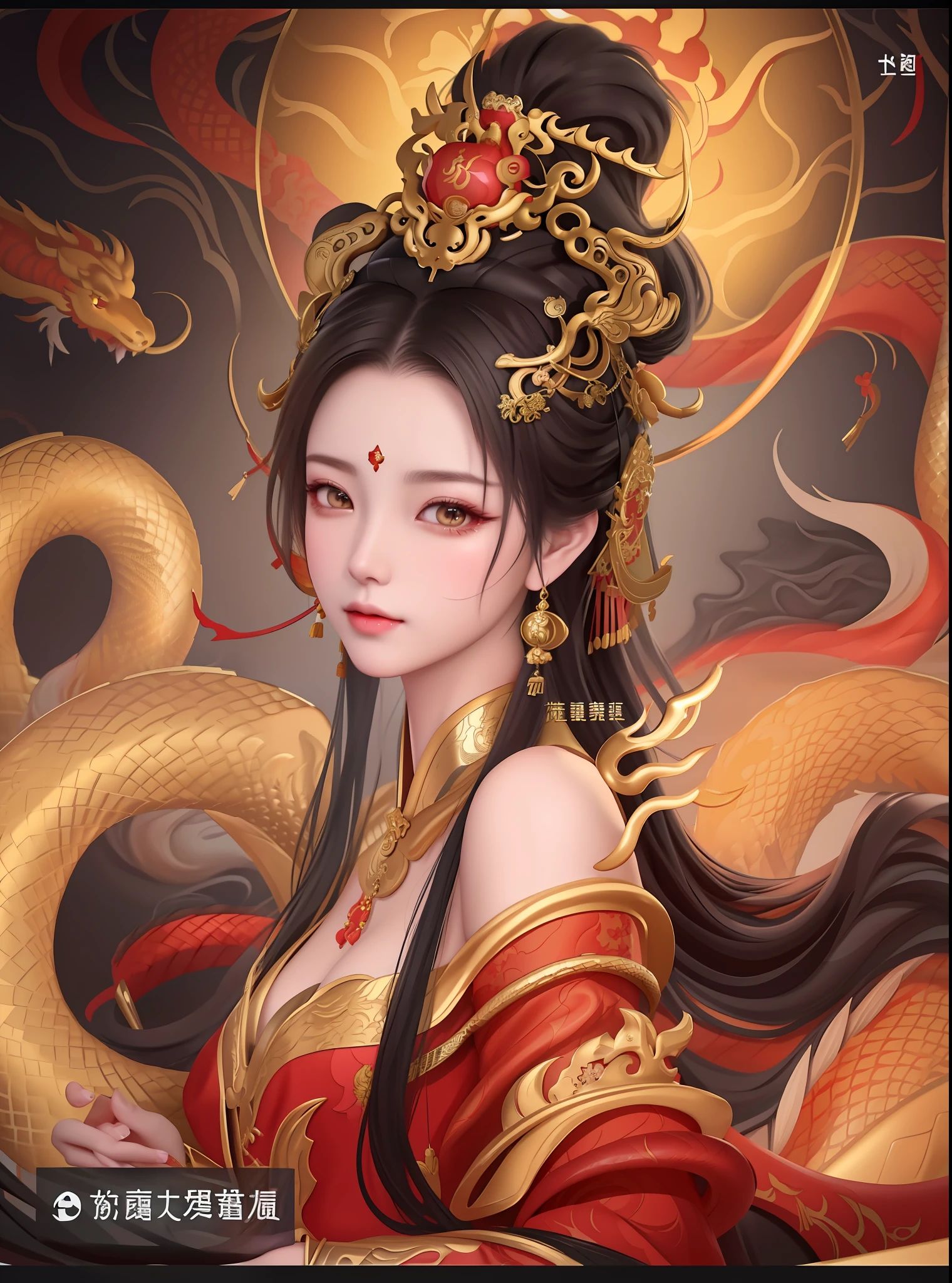 chinese woman with dragon and snake in background, a detailed painting by Yang J, Artstation, fantasy art, a beautiful fantasy empress, the dragon girl portrait, ((a beautiful fantasy empress)), beautiful character painting, queen of snakes, beautiful elegant demon queen, extremely detailed artgerm, 8k high quality detailed art, chinese empress, chinese mythology, :: rossdraws