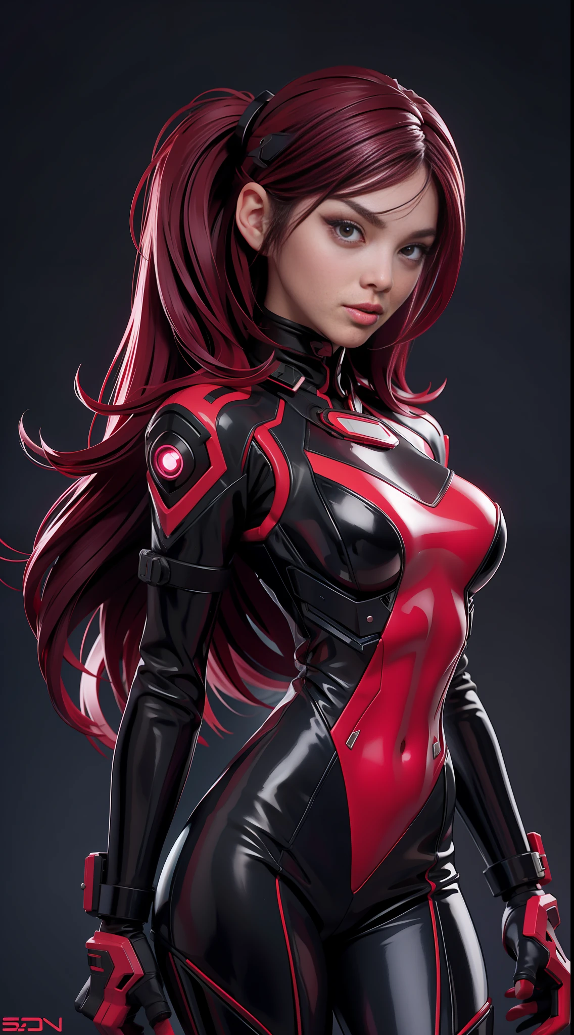 solo, super fine photo, portrait Unreal Engine 5 8K UHD of a couple, red and black color scheme tight cybernetic latex catsuit, cyberpunk face mask, cybernetic glove, futuristic design, magenta neon lights details, beautiful make up, luxurious, best quality, masterpiece, official art, unified 8k wallpaper, super detailed, sharp focus, dynamic pose, body parts