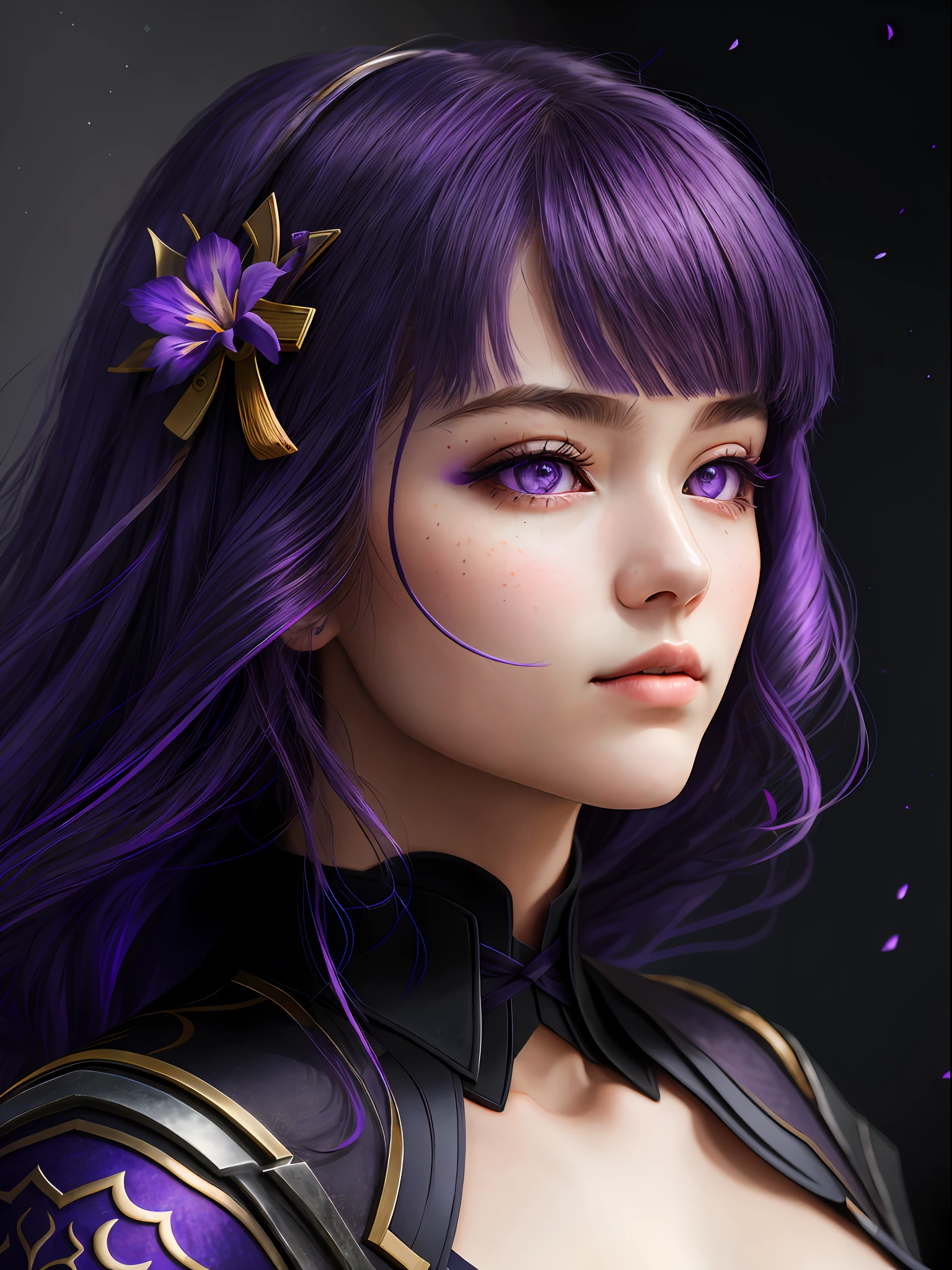 Raiden Shougn, oil painting by Leonardo da Vinci, realistic photography, closeup face with purple hair, her eyes are sweet and vibrant, her face is symmetrical, silky peach skin, soft torch luminosity on the face by REMBRADT, Adobe Illustration, Trending on Artstation, 8K, hd, cinematic, masterpiece, magnificent art, best quality, purple eyes