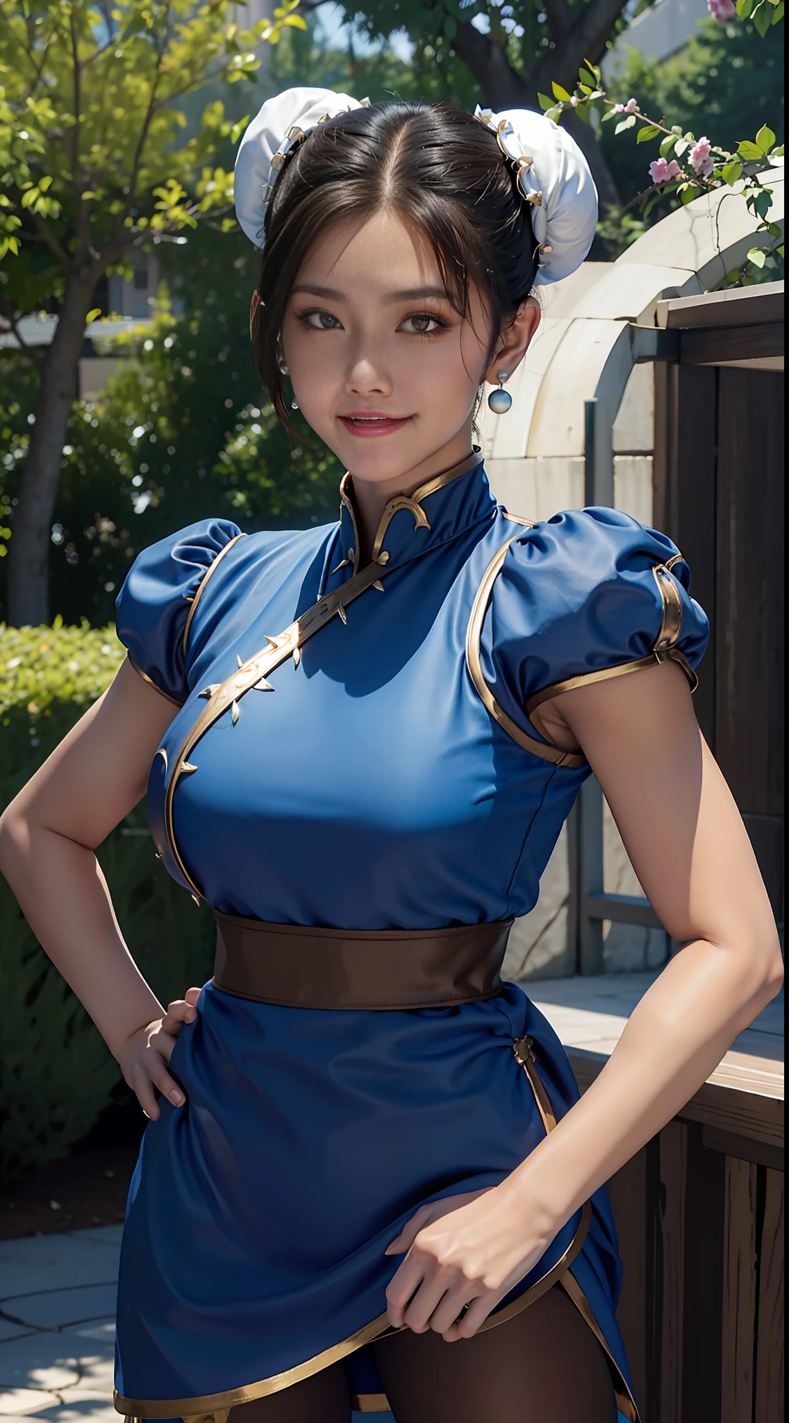 masterpiece, best quality, chun li, brown eyes, short hair, brown hair, double bun, bun cover, blue dress, pelvic curtain, spiked bracelet, sash, brown pantyhose, outdoor, hand on hip, looking at viewer, cowboy shot, dress lift, smile