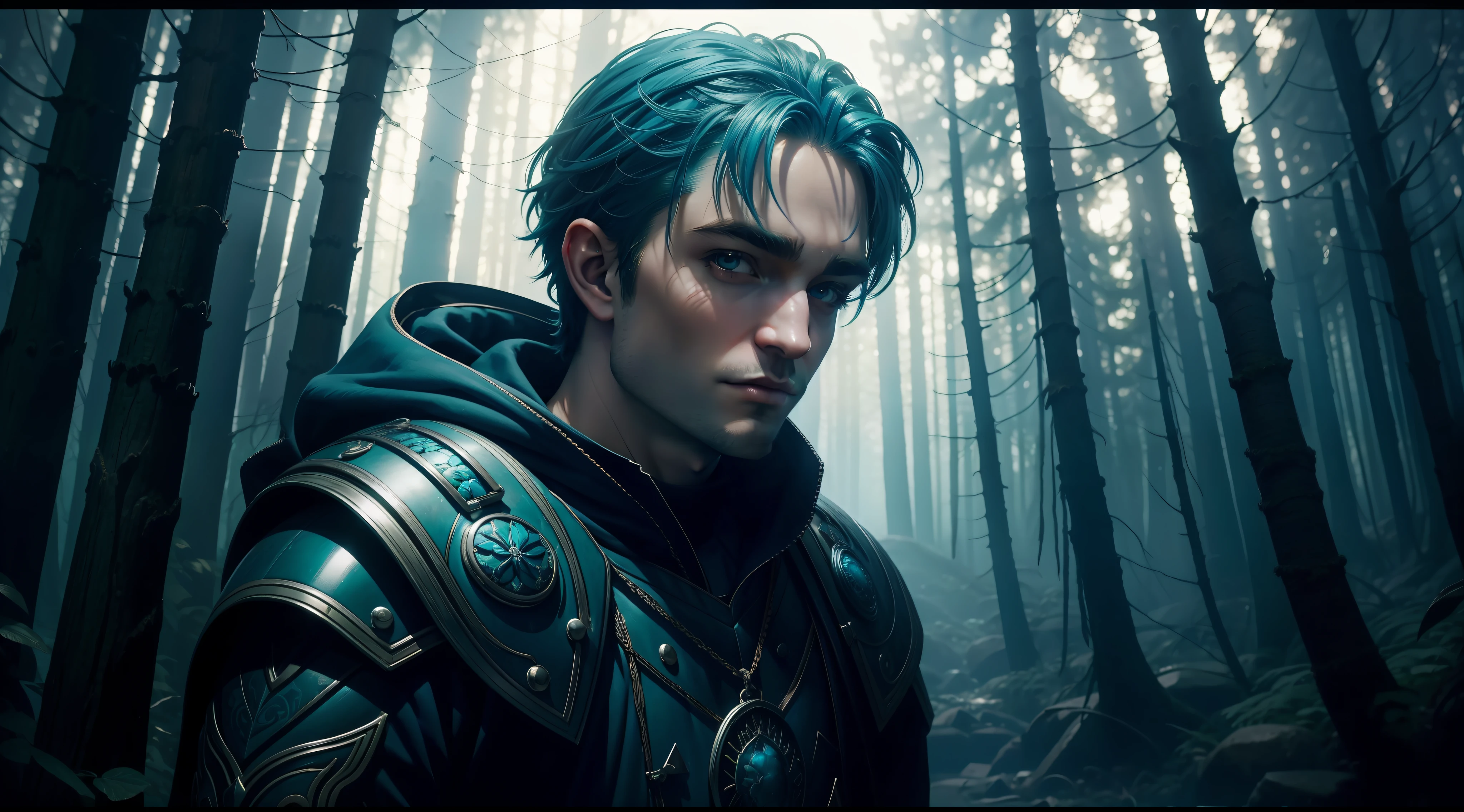 Robert Pattinson magical warrior. Blooming forest style wonderland, blue hair Turquoise neon with floating tips. Bright eyes. Flourishing. (backlighting: 1.2), (flowering: 1.2), (bright light: 1.1), (chromatic aberration: 1.2), sharp focus, high contrast, (cinematic lighting: 1.2), movie trailer image, fantasy movie, (screen lighting: 1.1) Surrealism, Ultra-Wide Angle, 135mm, atmospheric perspective, 8k, super detail, award winning, textured skin, super detail, 16k, anatomically correct