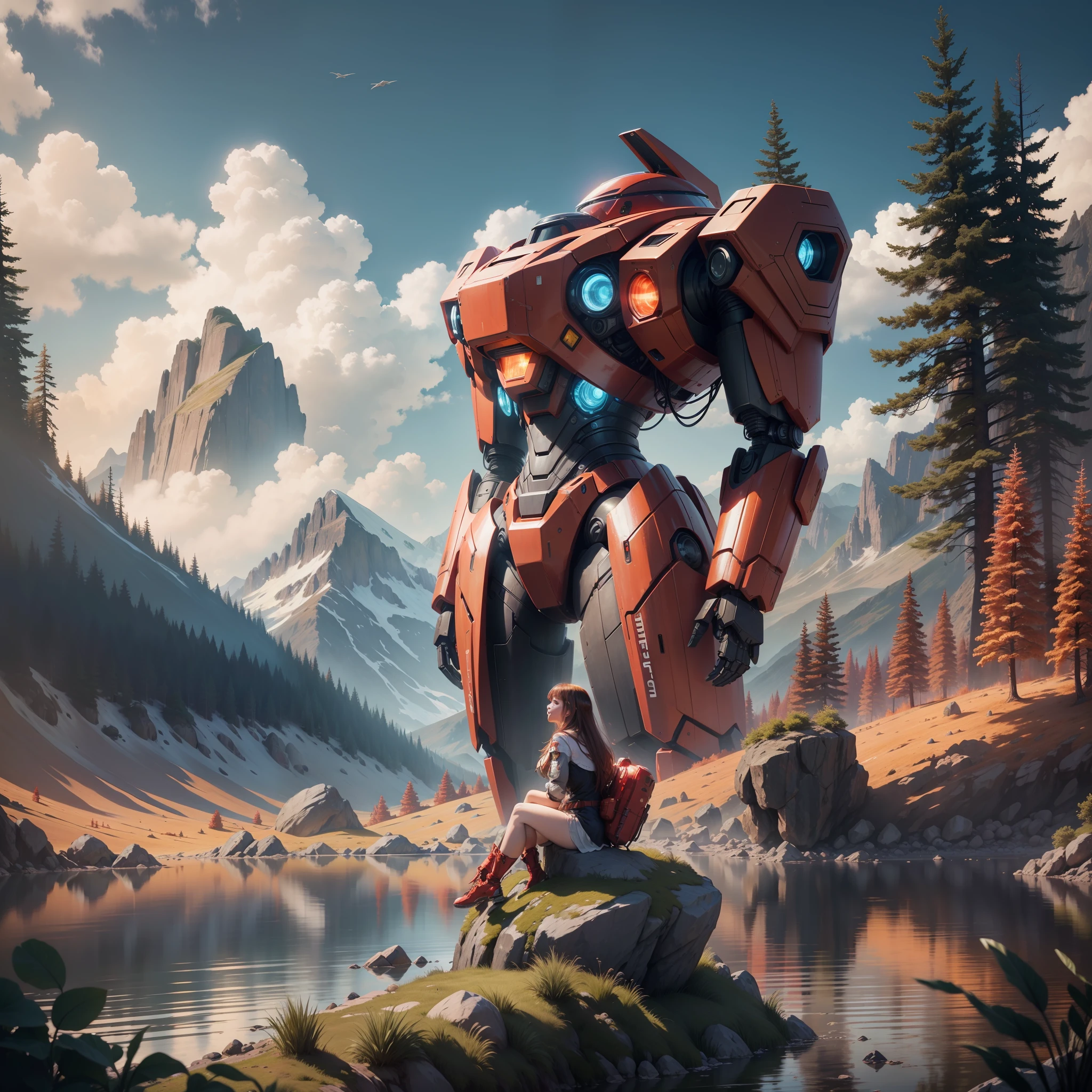 High quality, 8k, summer, mountains, rocks, woods, clear lakes, (maiden sitting in front of a huge red humanoid mech), there is a huge spaceship glowing in the sky