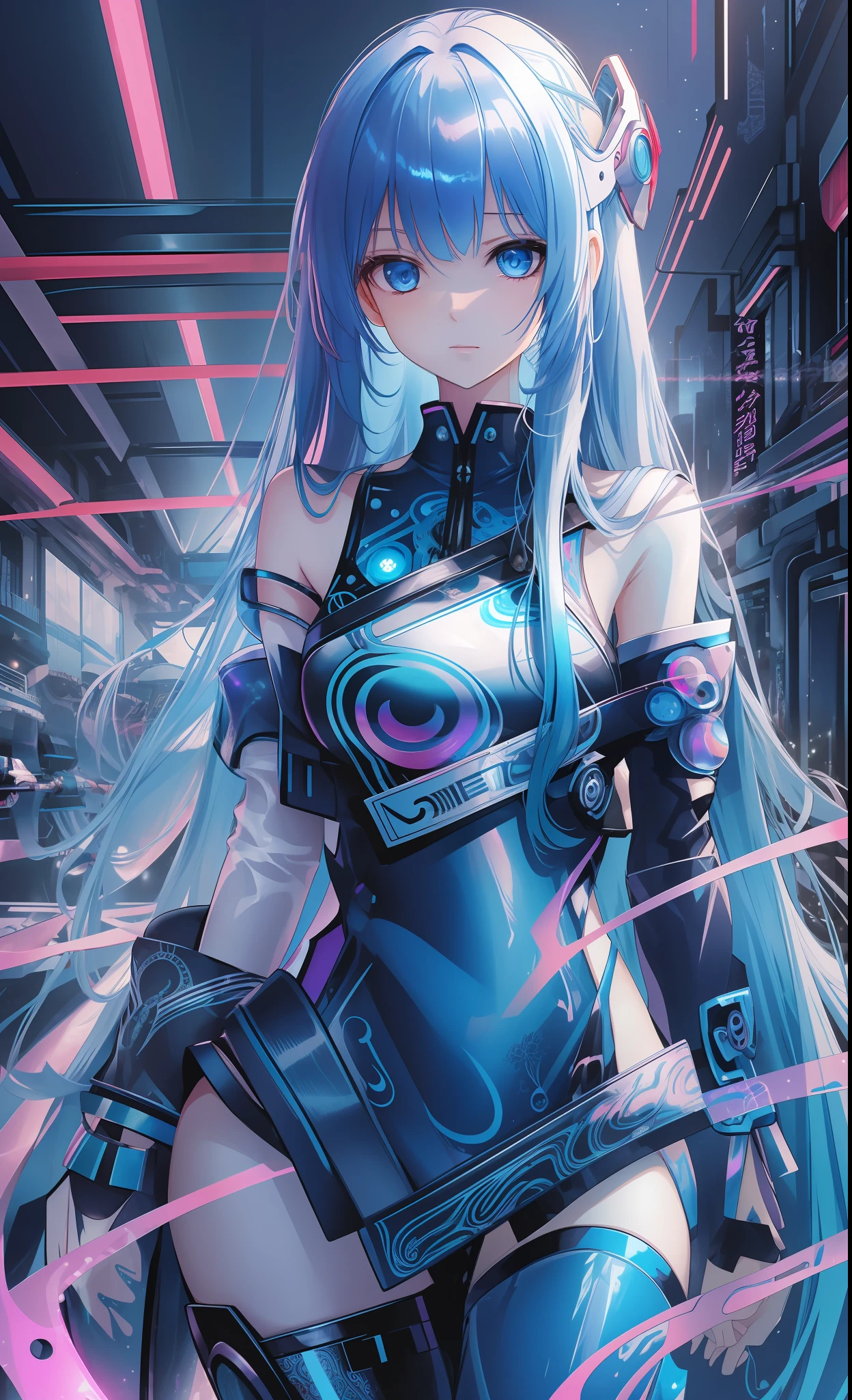 Masterpiece, Best Quality, Girls, Slender, Blue Eyes, Hair Color, Iridescent, Long Hair Spreading, White Skin, Medium, Cute, Sexy, Near Future, Cyberpunk, Bikini, Exposed Skin, Night, Psychedelic, Trip, Extreme Color, Paisley Theme, Open Legs, Mechanical Left Arm, Full Body