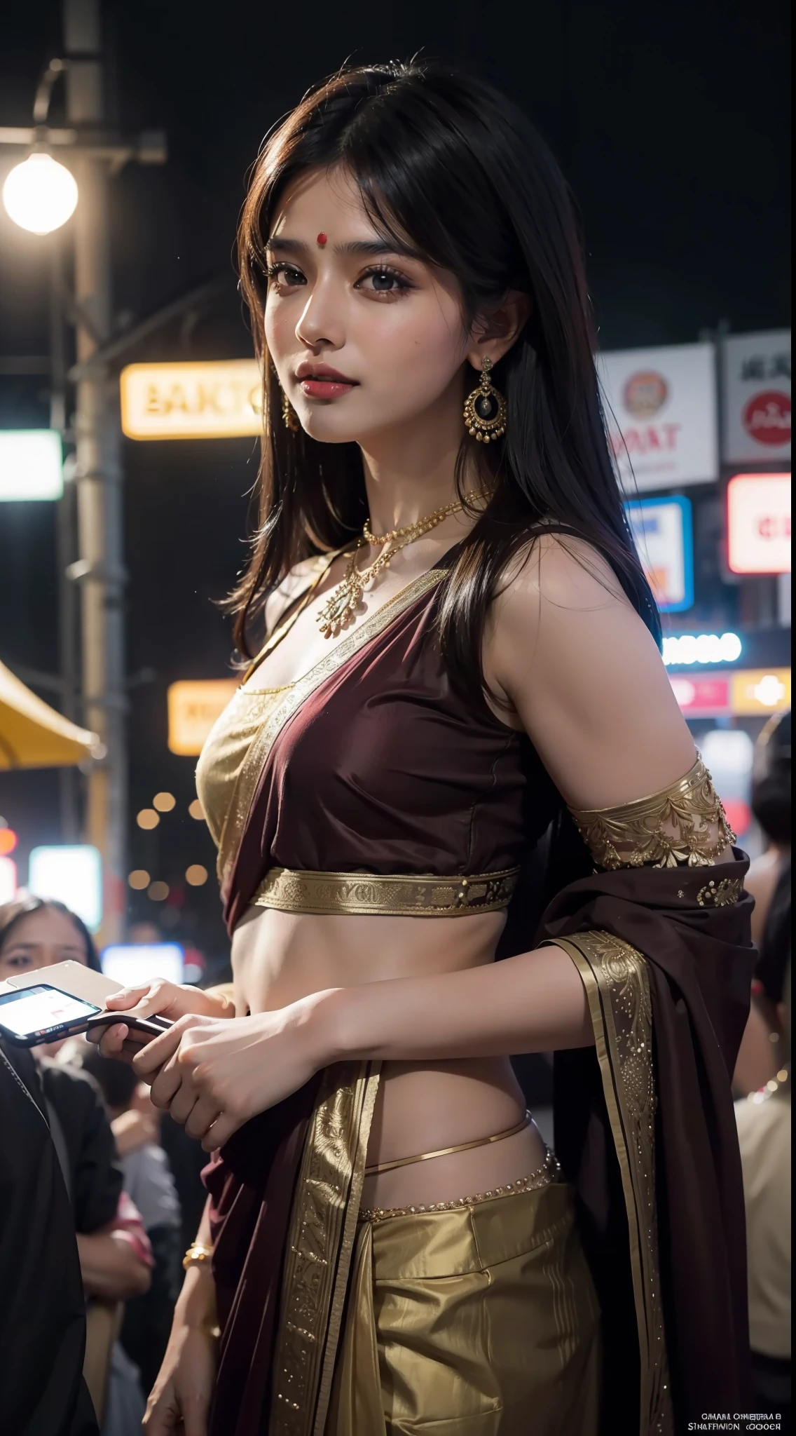 24-28 Years Old bollywood indian female fashion mode,brown skin,dressed Sari,Happy expression on face,at the night market,backlight, extremely realistic, 8k,  details, intricate details, cinematic color graded,Color Grading, Editorial Photography, Photography,sharp focus, taken with a 60mm lens, ISO 300, f/4, 1/200th