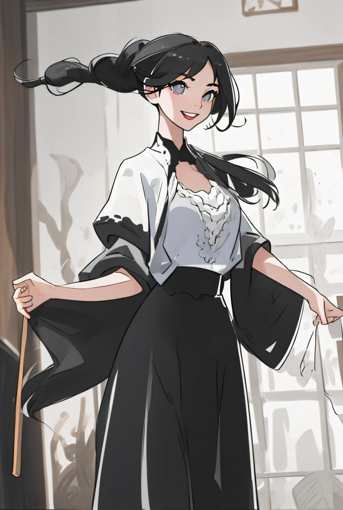 (best quality, masterpiece1.2), (detailed eye:1.2), intricate detail, 1girl, standing, big tits, long skirt, black hair, very long hair, smile, happy, indoor