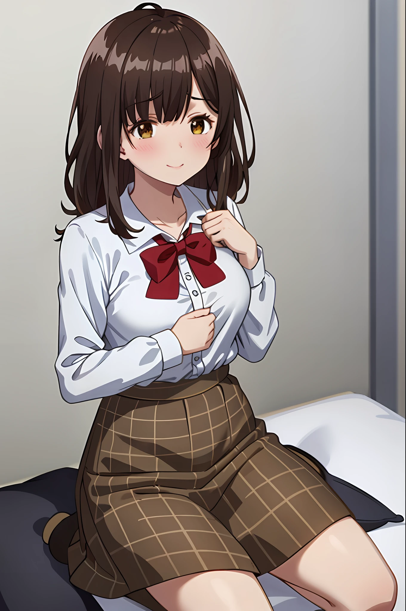 best quality, (masterpiece: 1.2), highly detailed, indoors, 
1girl, solo, ogiwara sayu,
looking at the viewer, medium breasts, smile, mouth closed, hand on his own chest, unbuttoning blouse, blush, sitting on his knees on the bed,
brown eyes, brown hair, long hair, white shirt, plaid skirt, collarbone, neckline, bow tie