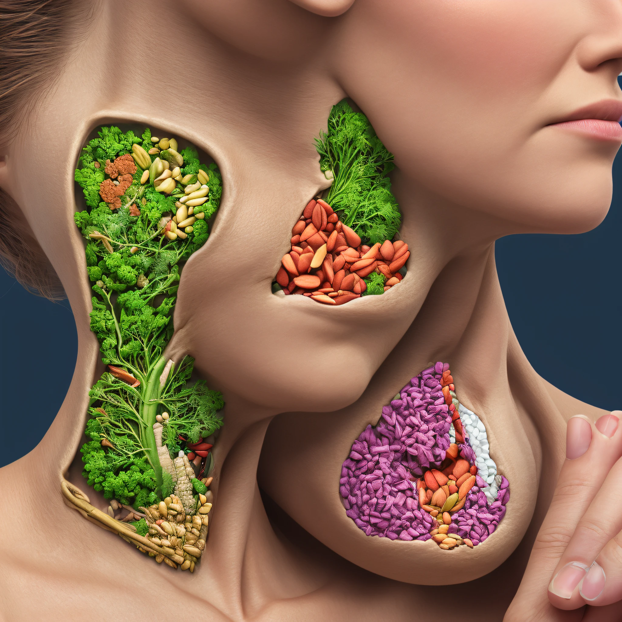 Describe a detailed picture of a healthy thyroid. Include its shape, location on the neck, relative size relative to other neighboring structures, and any notable features that can be observed visually.