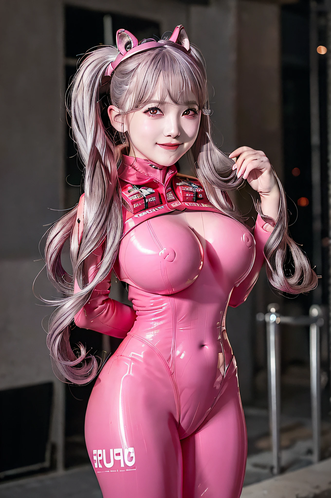 Best Quality, Ultra High Resolution, (Realism: 1.4), Masterpiece, 1girl, Kpop idol, (aegyo sal: 1.0), (City of Ruins), alice\(nikke\), (pink tights), ((hands behind you)), (shiny clothes), double ponytail, (latex jumpsuit), (rubber suit), shoes, (cleavage), (slim), (gray hair), (silver hair), (gray hair), (red eyes(Looking at the audience), (Smiling), Happy, (long hair), Skin and bones, depth of field, Detail face, Shiny skin, Beautiful detail eyes, heavy eye makeup, ((slender waist)), Blush, Detail eye makeup, Perfect anatomy, (pureerosface_v1:0.55)
