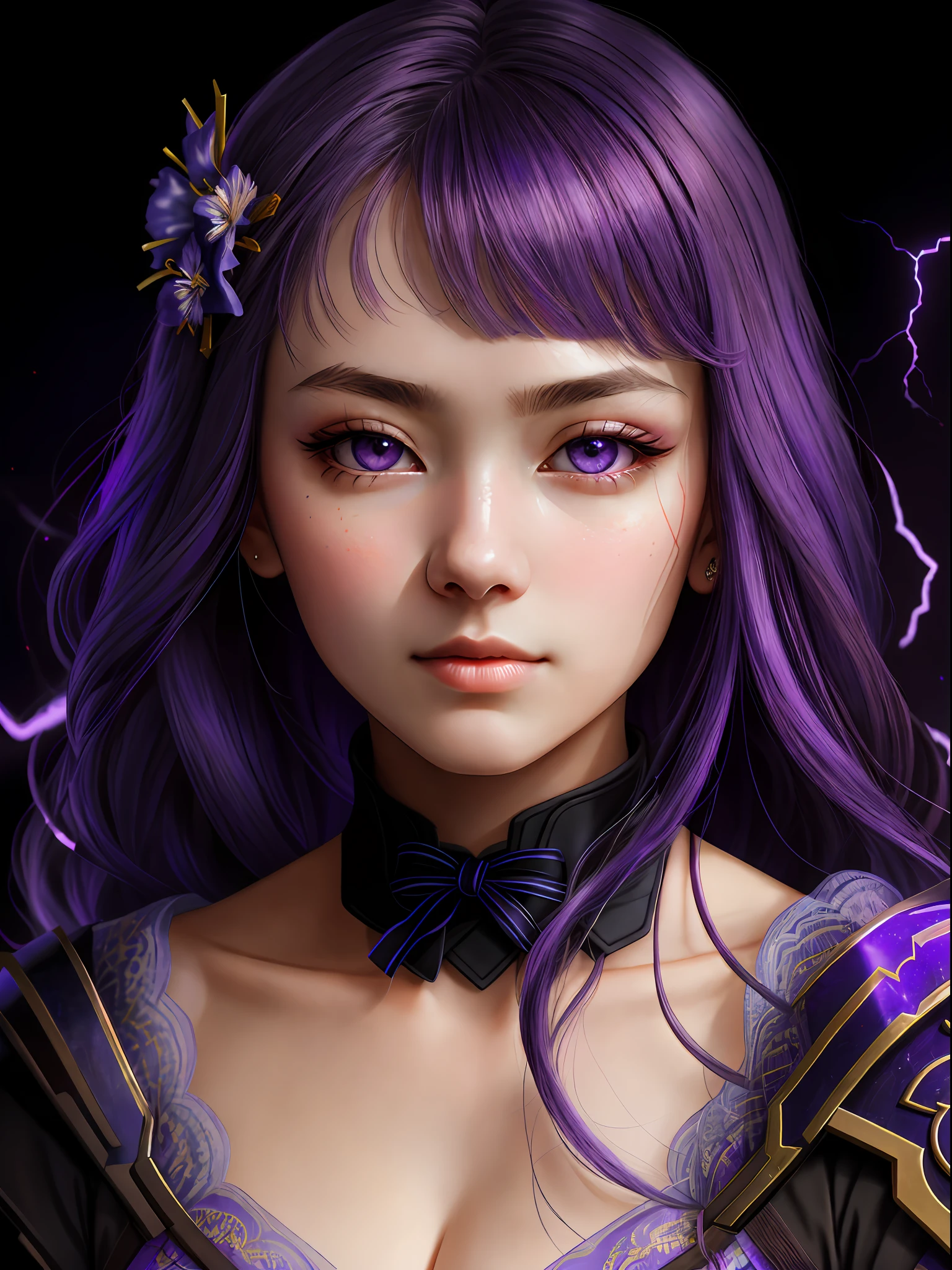 Raiden Shougn, oil painting by Leonardo da Vinci, realistic photography, closeup face with purple hair, her eyes are sweet and vibrant, her face is symmetrical, silky peach skin, soft torch luminosity on the face by REMBRADT, Adobe Illustration, Trending on Artstation, 8K, hd, cinematic, masterpiece, magnificent art, best quality, purple eyes , glowing eyes, purple lighting background