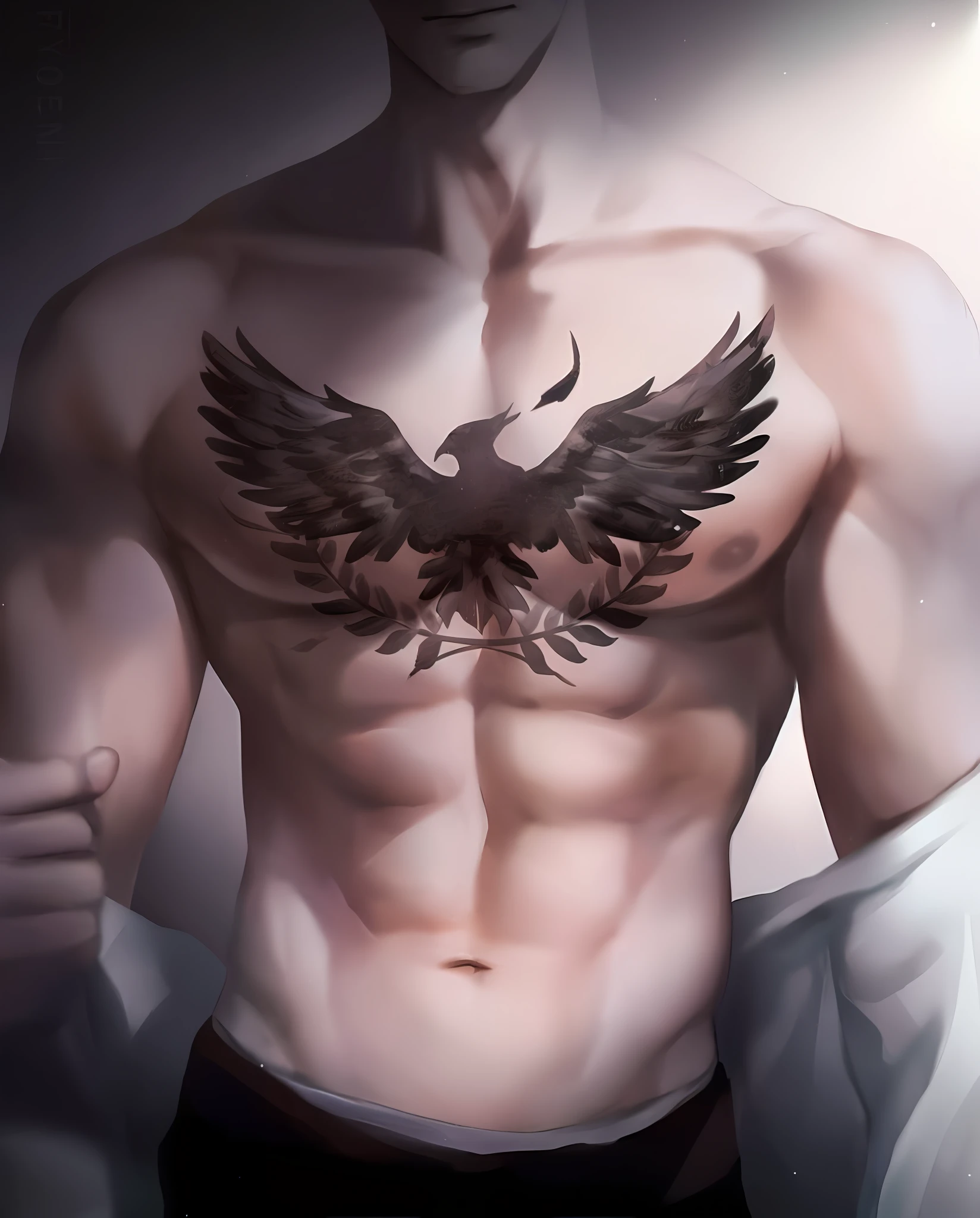a close up of a man with a tattoo on his chest, black wings instead of arms, shirtless :: high detail, detailed upper body, with an eagle emblem, upper body portrait, by Yang J, male art, ''wallpaper of a phoenix, rossdraws 2. 5, style of raymond swanland, with glowing runes on the body, purple glow on body, purple glowing aura around body