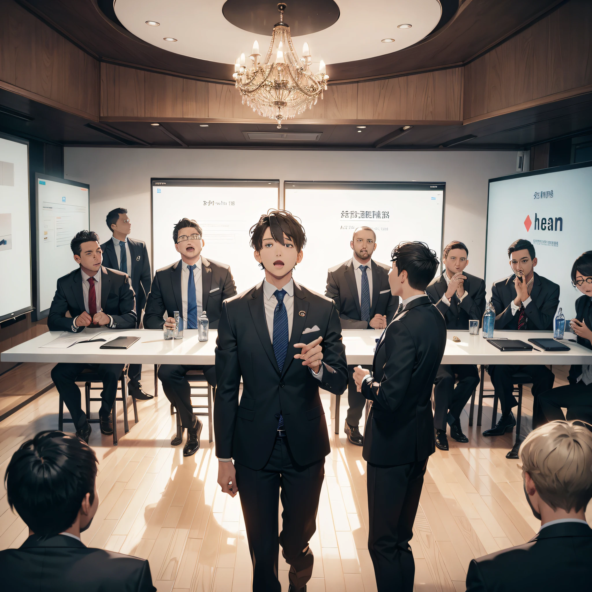 Absurd resolution, high resolution, (masterpiece: 1.4), super detail, oversized conference room, screen, a group of men in suits, very shocked and surprised expressions