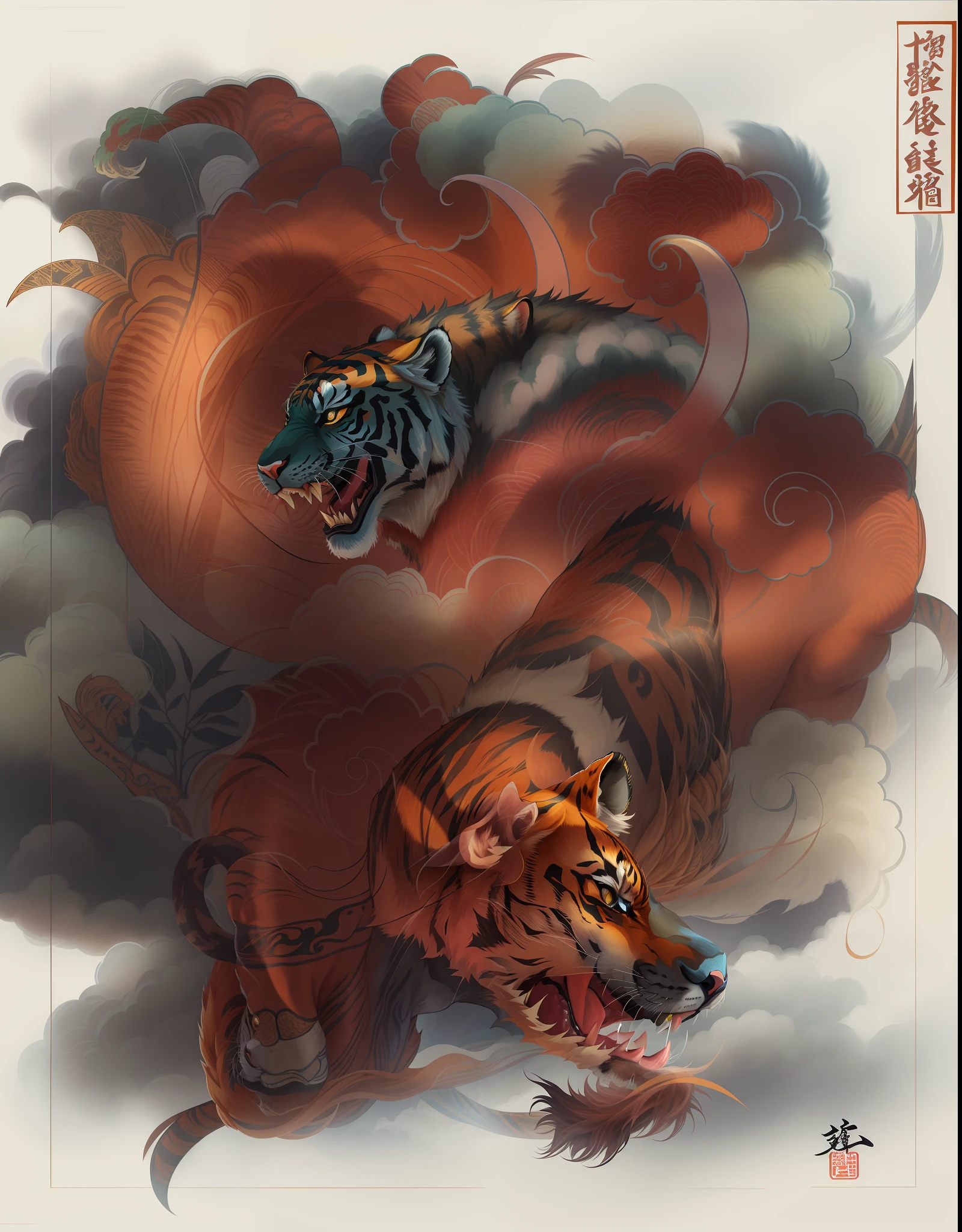 tiger inspired by Kawanabe Kyōsai, inspired by Kameda Bōsai, anthropomorphic tiger, sacred tiger, colorful illustration for tattoo, oriental tattoos, color digital illustration, color illustration, by Kanō Tan'yū, by Kawanabe Kyōsai