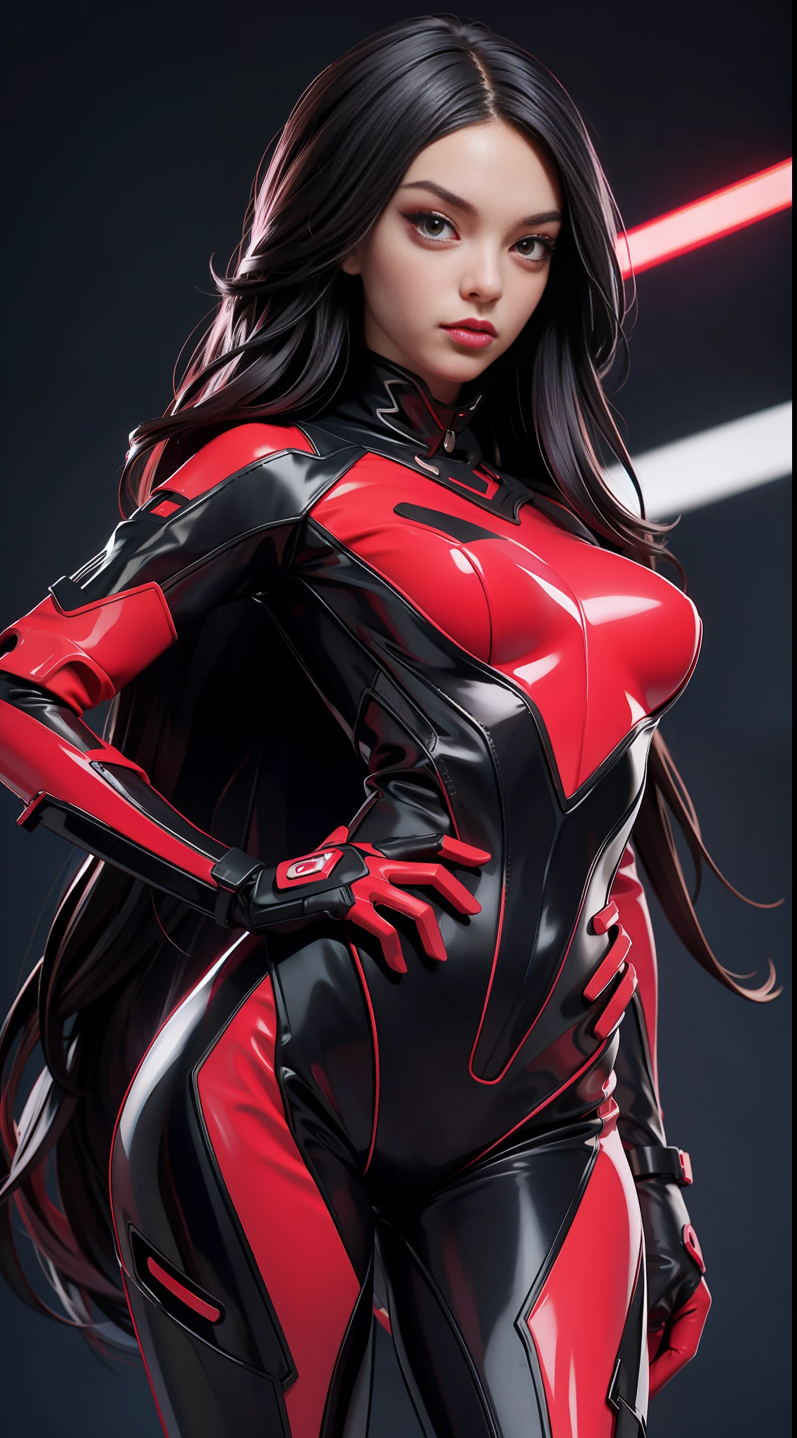 solo, super fine photo, portrait Unreal Engine 5 8K UHD of 2 beautiful and cute girls, red and black color scheme tight cybernetic latex catsuit, cyberpunk face mask, cybernetic glove, futuristic design, magenta neon lights details, beautiful make up, luxurious, best quality, masterpiece, official art, unified 8k wallpaper, super detailed, sharp focus, dynamic pose, body parts