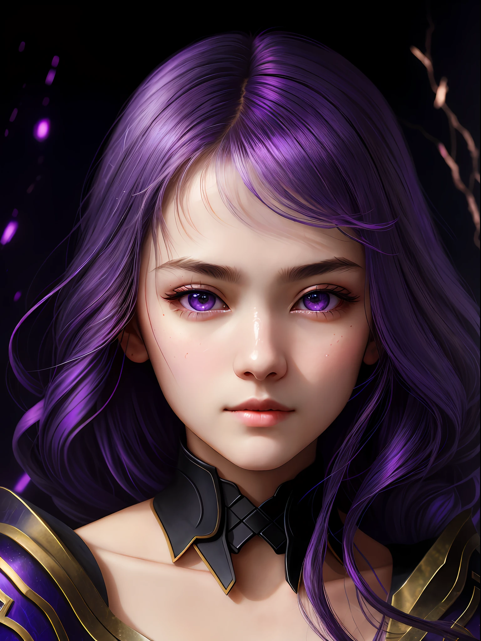 Raiden Shougn, oil painting by Leonardo da Vinci, realistic photography, closeup face with purple hair, her eyes are sweet and vibrant, her face is symmetrical, silky peach skin, soft torch luminosity on the face by REMBRADT, Adobe Illustration, Trending on Artstation, 8K, hd, cinematic, masterpiece, magnificent art, best quality, purple eyes , glowing eyes, purple lighting background