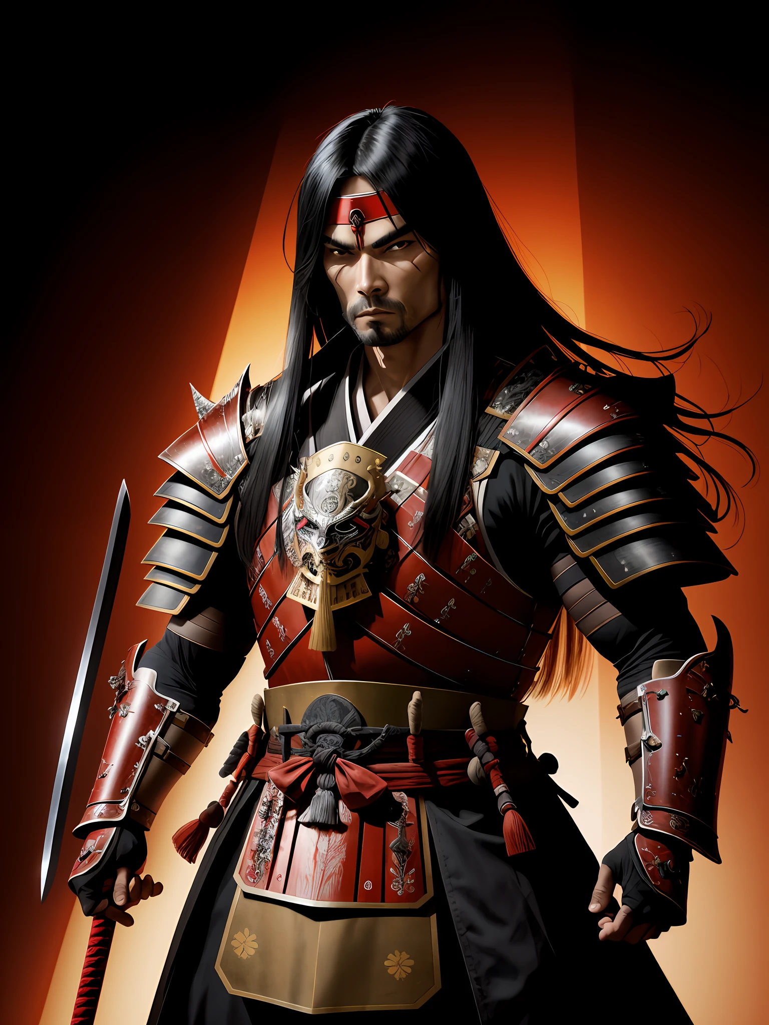 1 Warrior man in Japanese castle, wearing samurai armor, long straight hair, sinister look, drop shadow, halftone, vanishing point, diffraction spikes, f/1.8, Nikon, high detail, UHD, masterpiece, best quality, highres, 16k