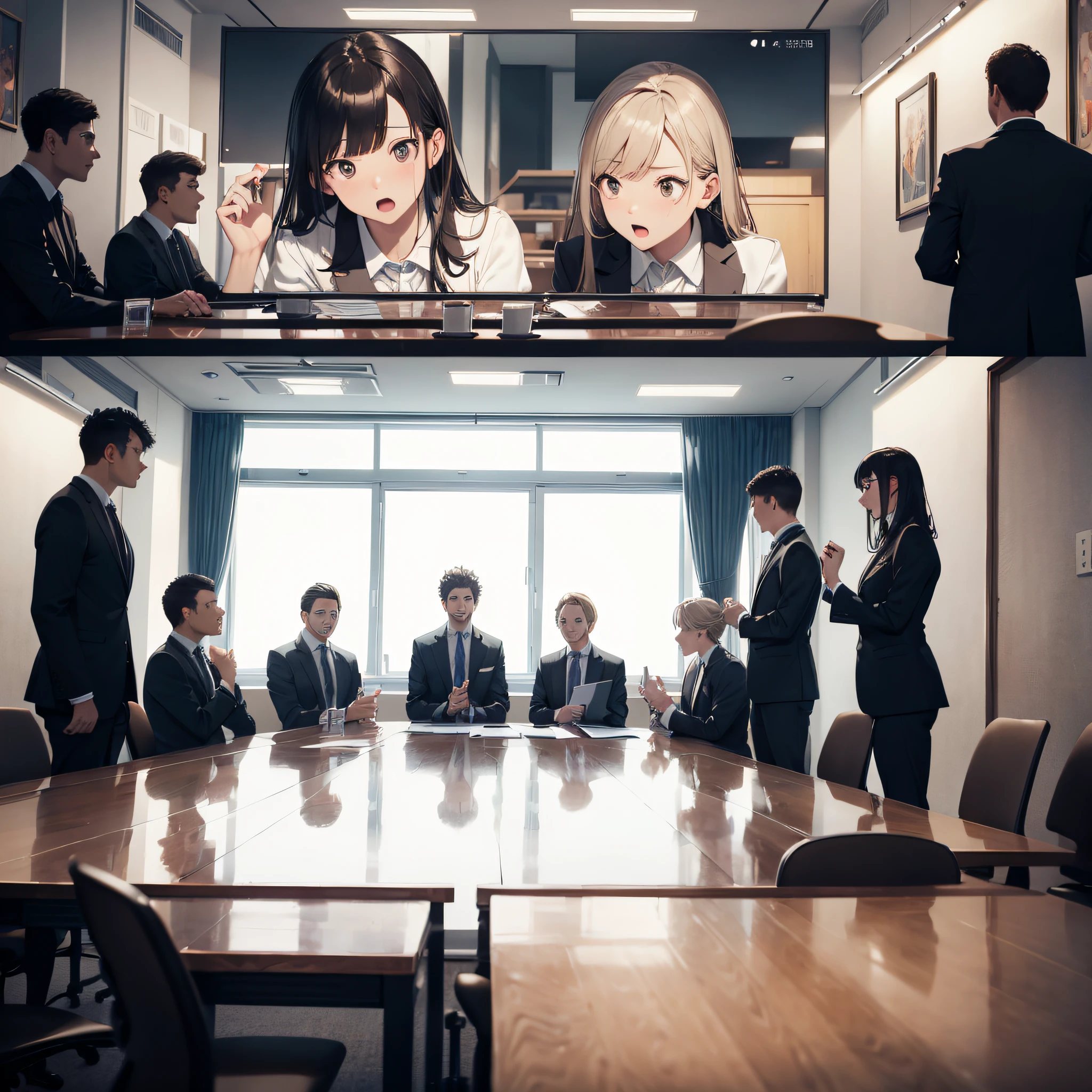Absurd resolution, high resolution, (masterpiece: 1.4), super detail, oversized conference room, screen, a group of men in suits, very shocked and surprised expressions