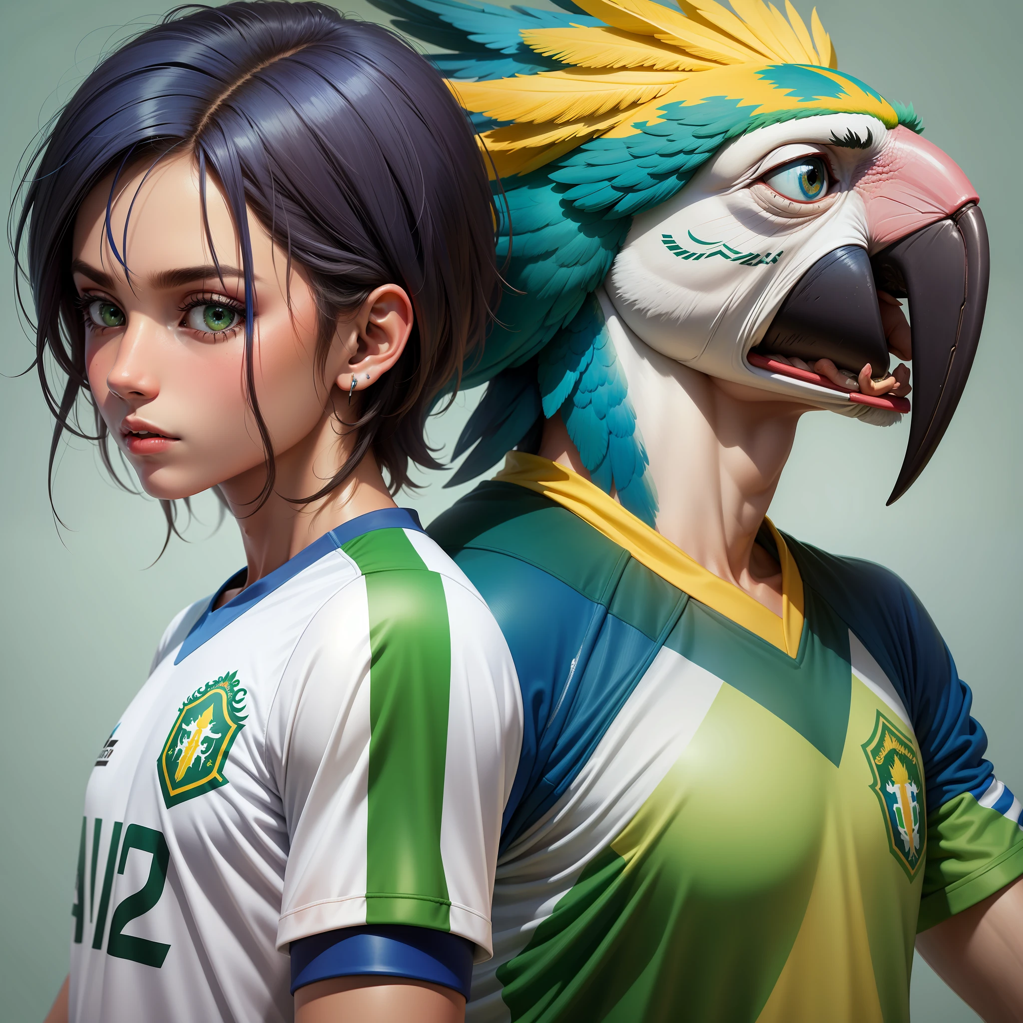 (White Brazilian soccer sports shirt, with some green and blue details inspired by blue macaws)