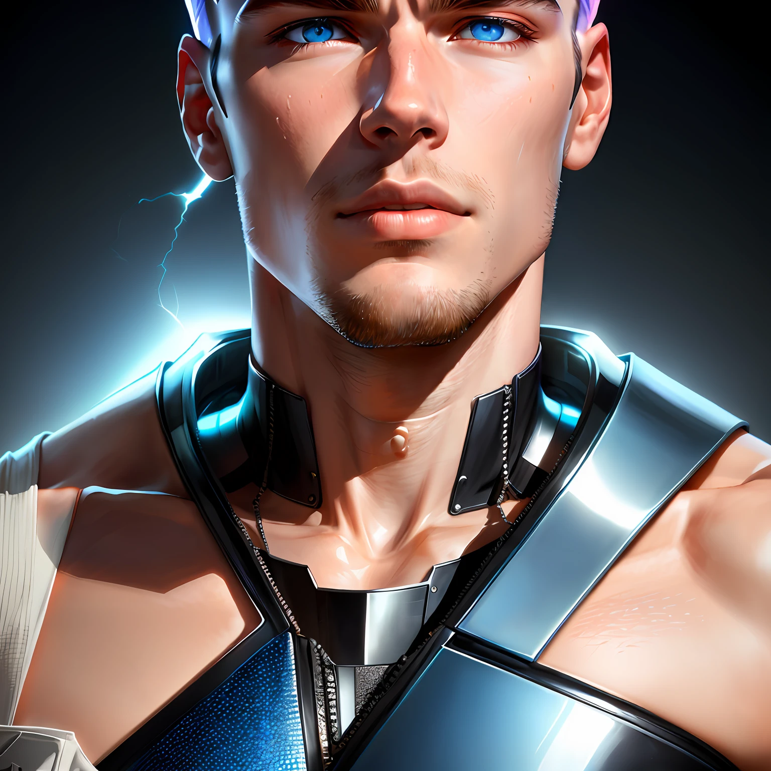 Young man, white, short black hair, very bright blue eyes, photorealistic,