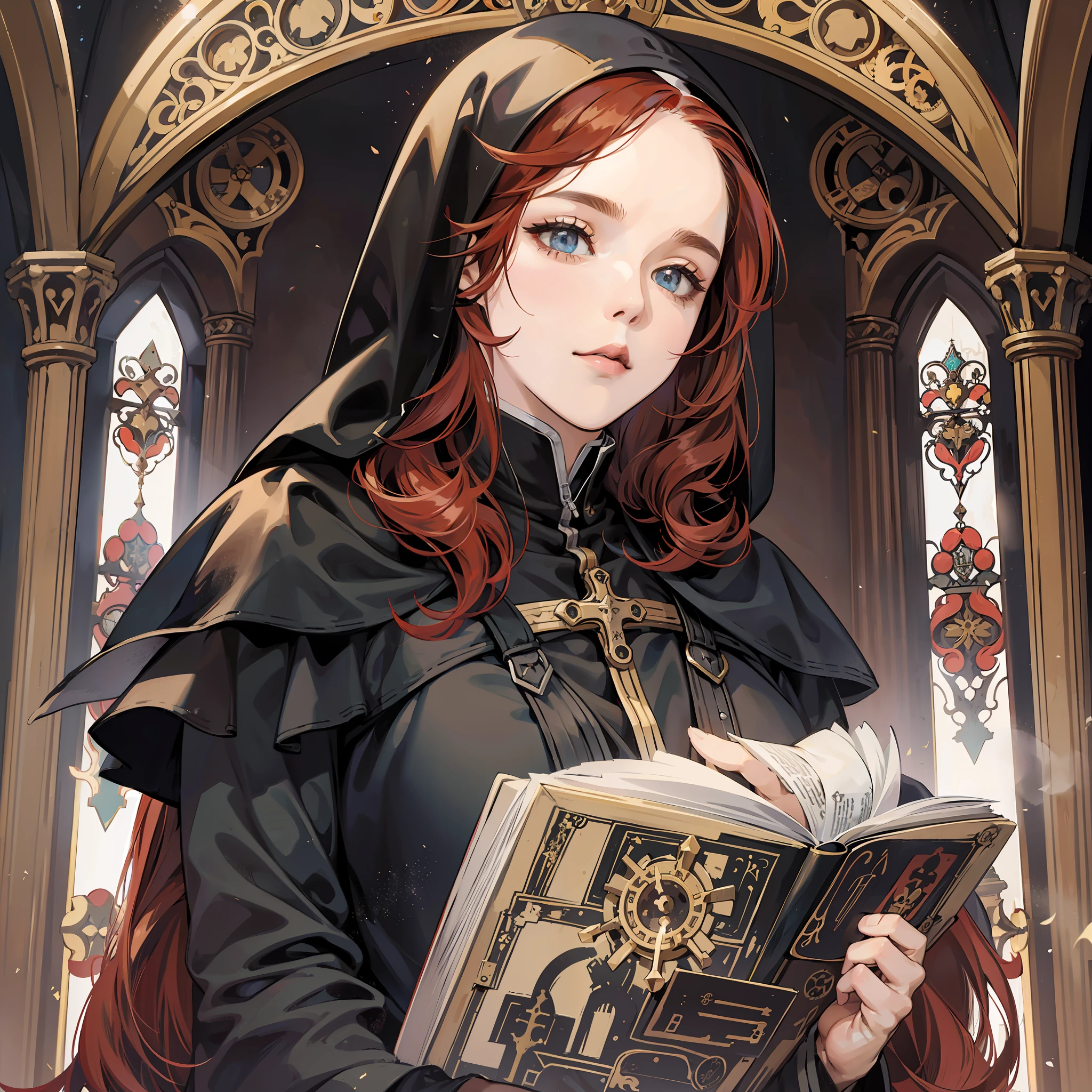 Young woman, Catholic nun, black hood, black clothes, steampunk, (redhead, curly hair), catholic church, light eyes, realistic art --auto --s2